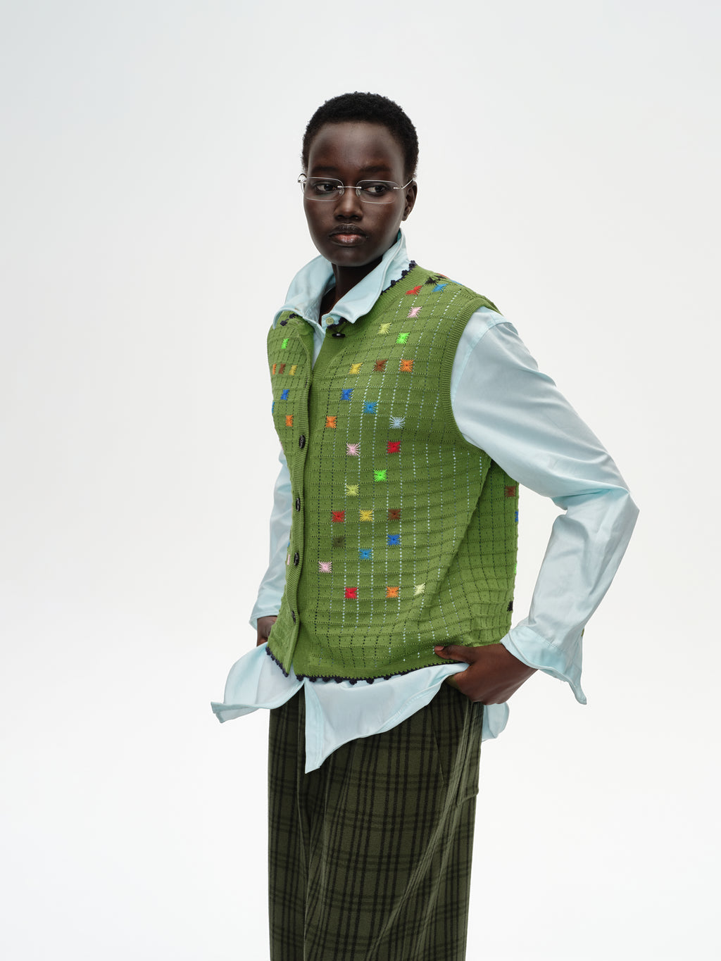 Hollow Out Cross‑Stitch Crew Neck Knit Vest
