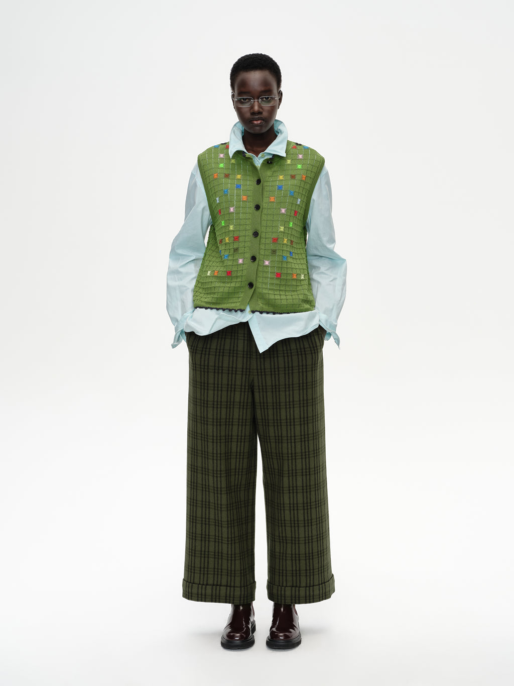 Hollow Out Cross‑Stitch Crew Neck Knit Vest