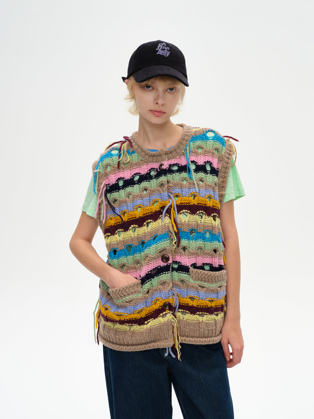 Color-Striped Textured Knit Vest