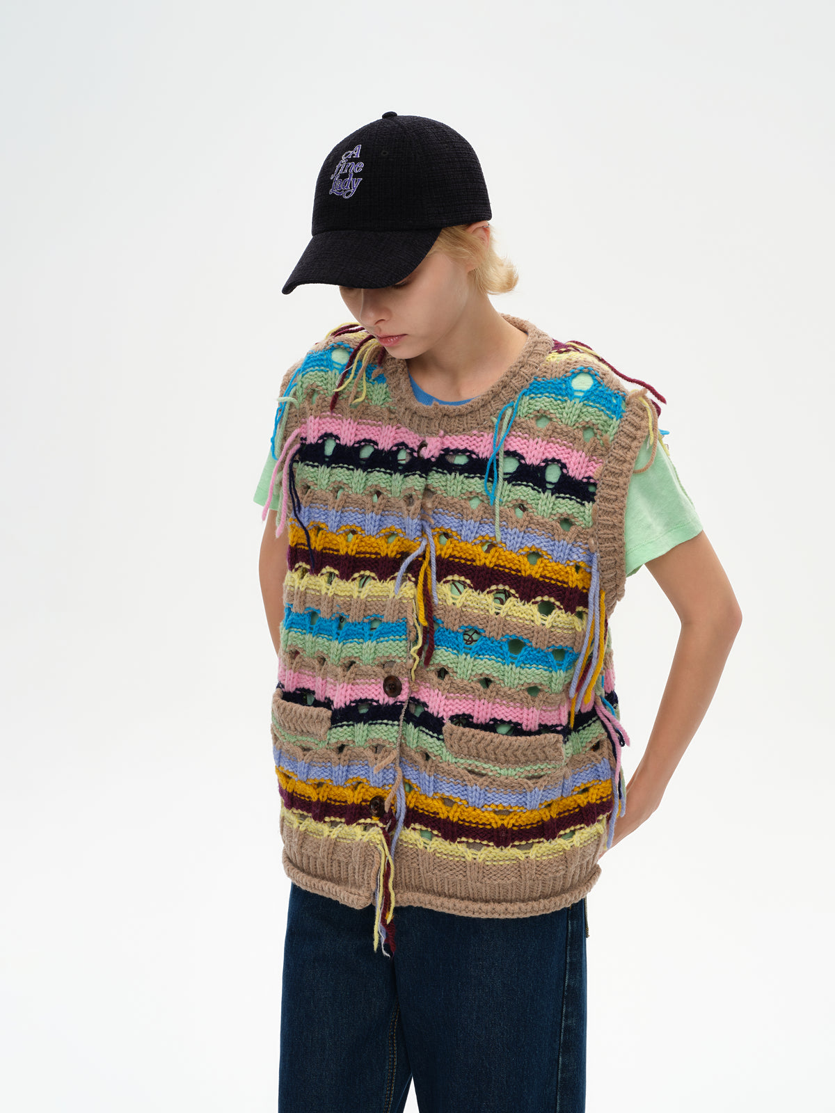 Color-Striped Textured Knit Vest