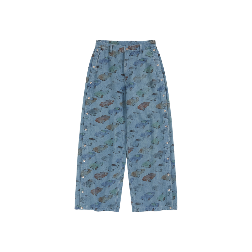 Car‑Print Snap Jeans