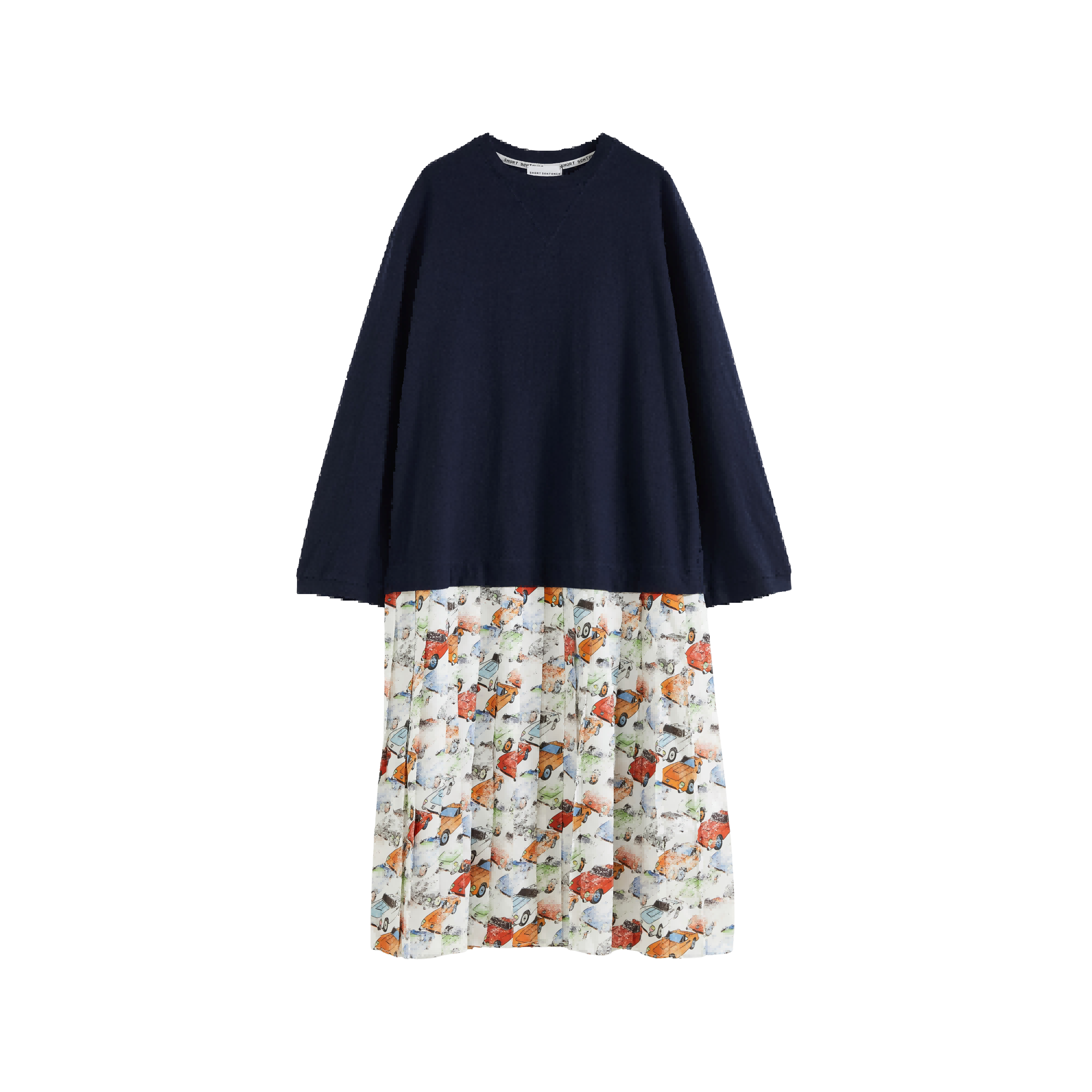 Car‑Print Paneled Dress