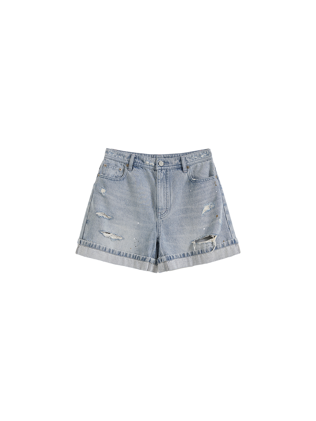 Wide-Leg Ripped Paint Splatter Denim Shorts