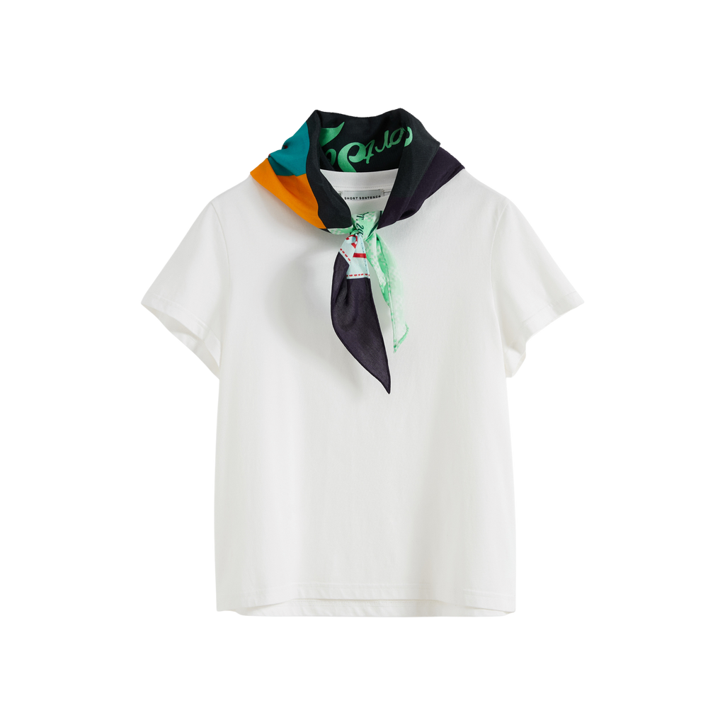 Printed Scarf Collar Fitted T-shirt