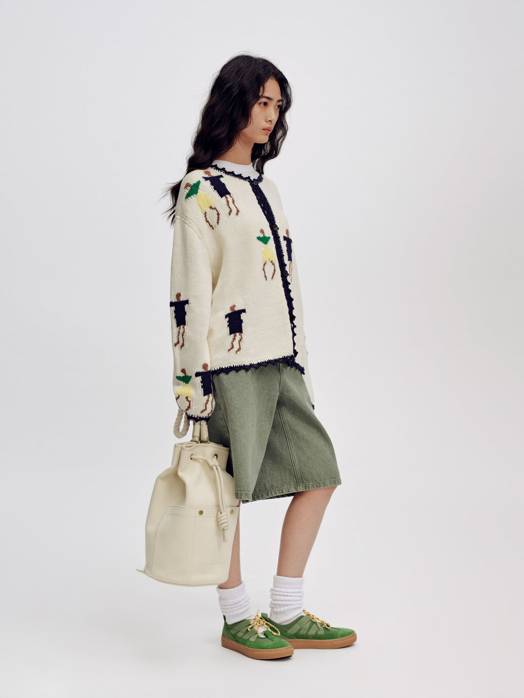 Loose Jacquard Crew Neck Cardigan - 3