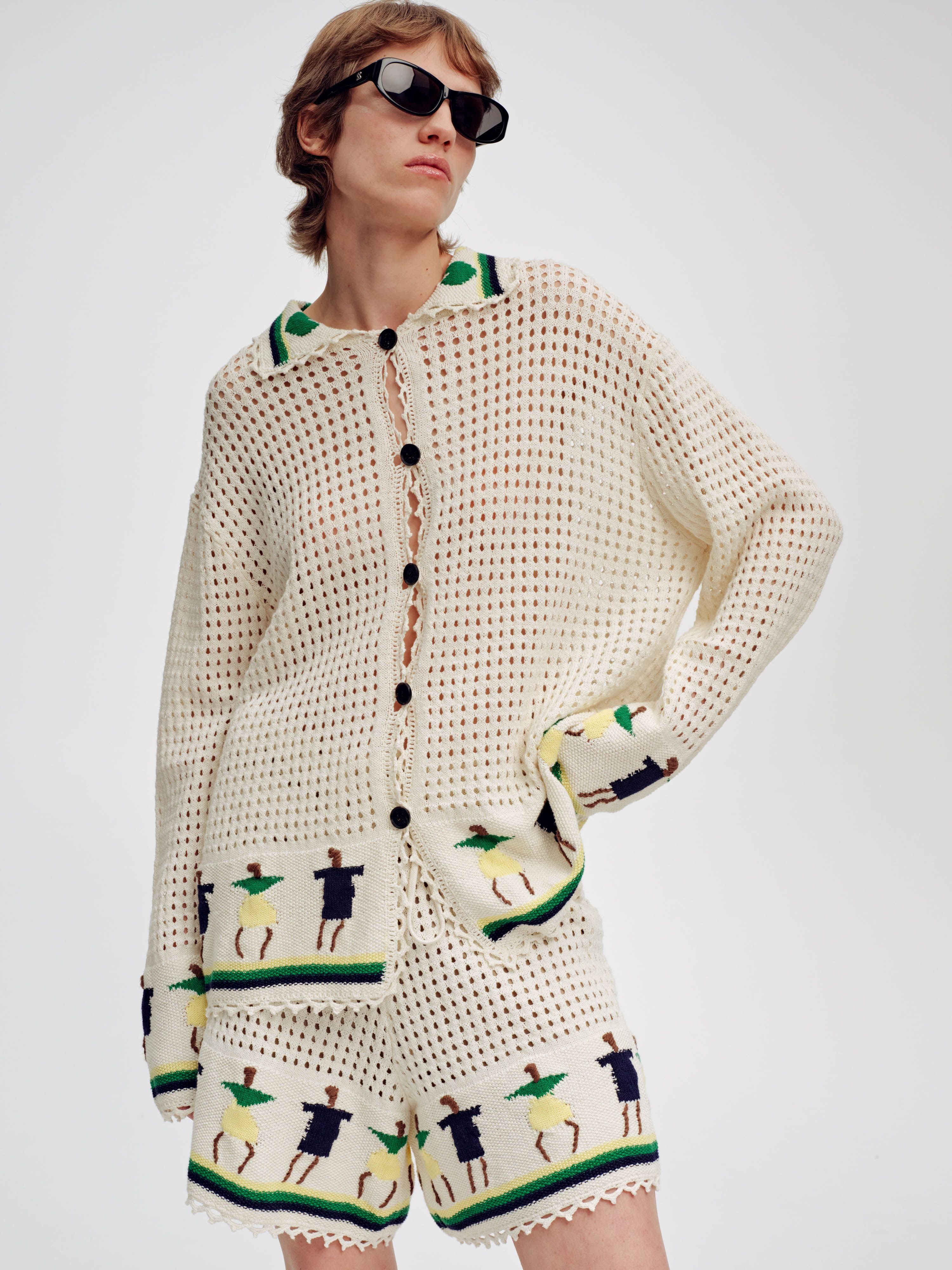 Jacquard Flap Cardigan with Stick Figures - 1