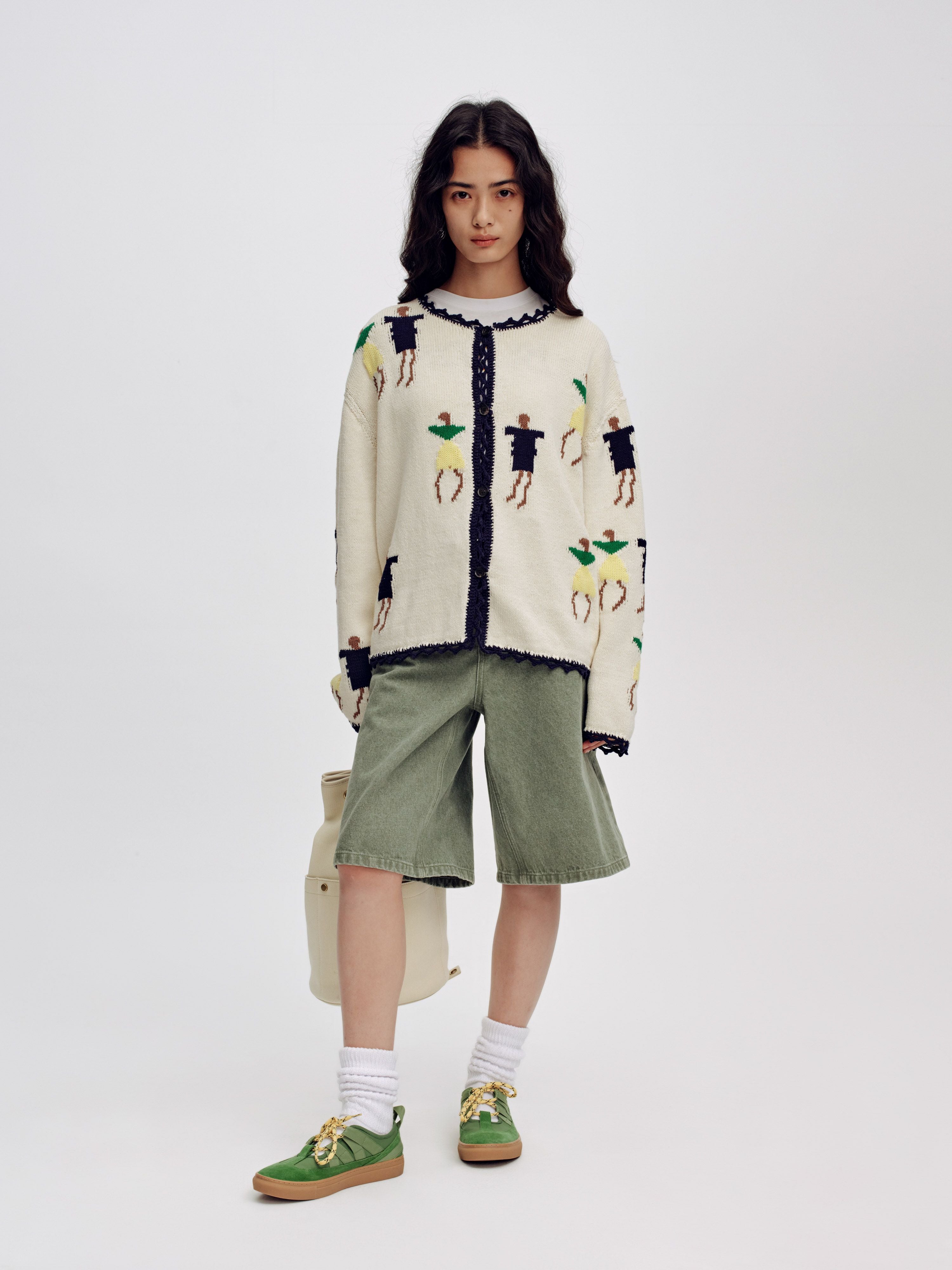 Loose Jacquard Crew Neck Cardigan - 2