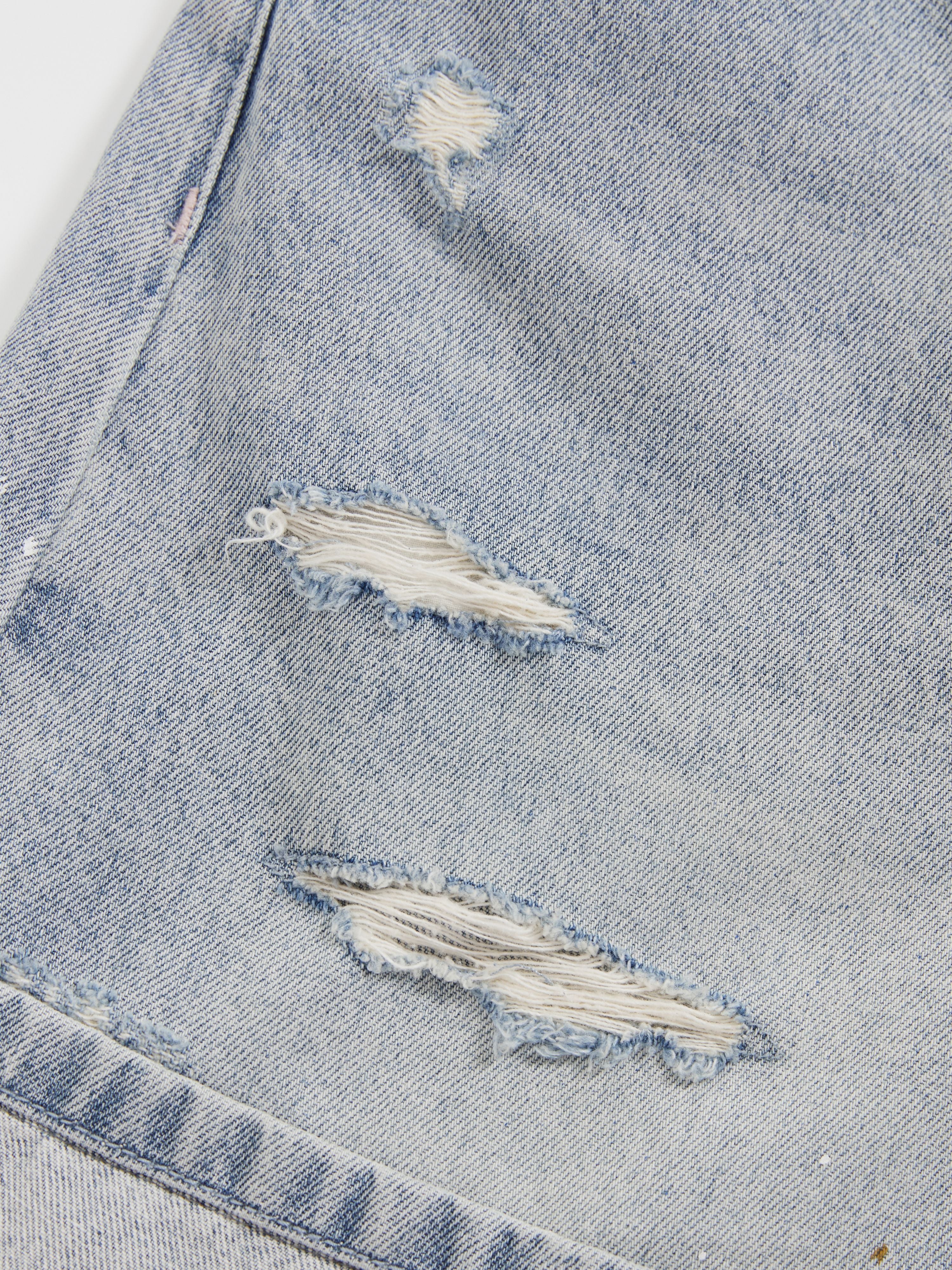 Wide-Leg Ripped Paint Splatter Denim Shorts - 6