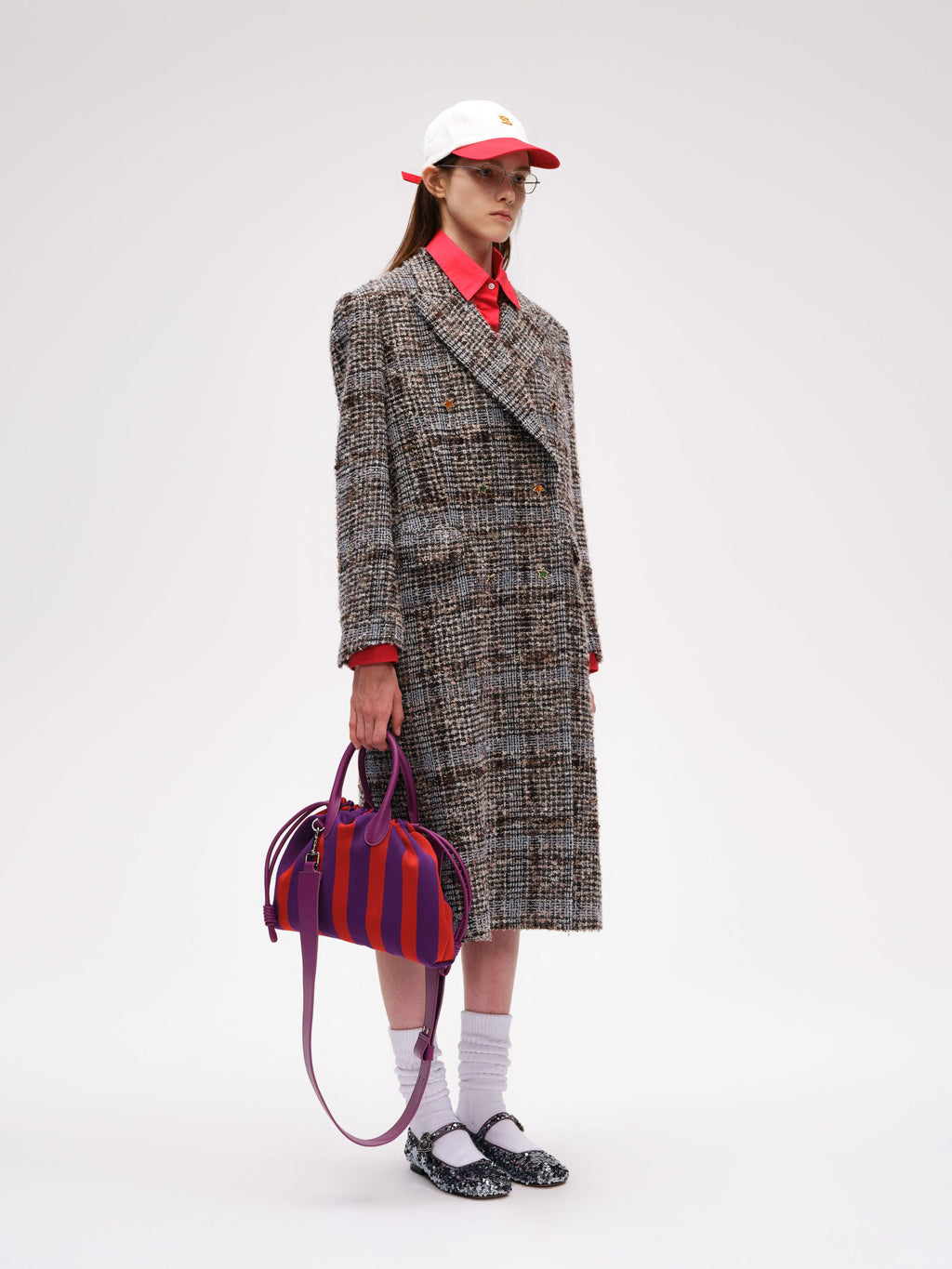 Star Button Check Frayed Long  Coat - 2