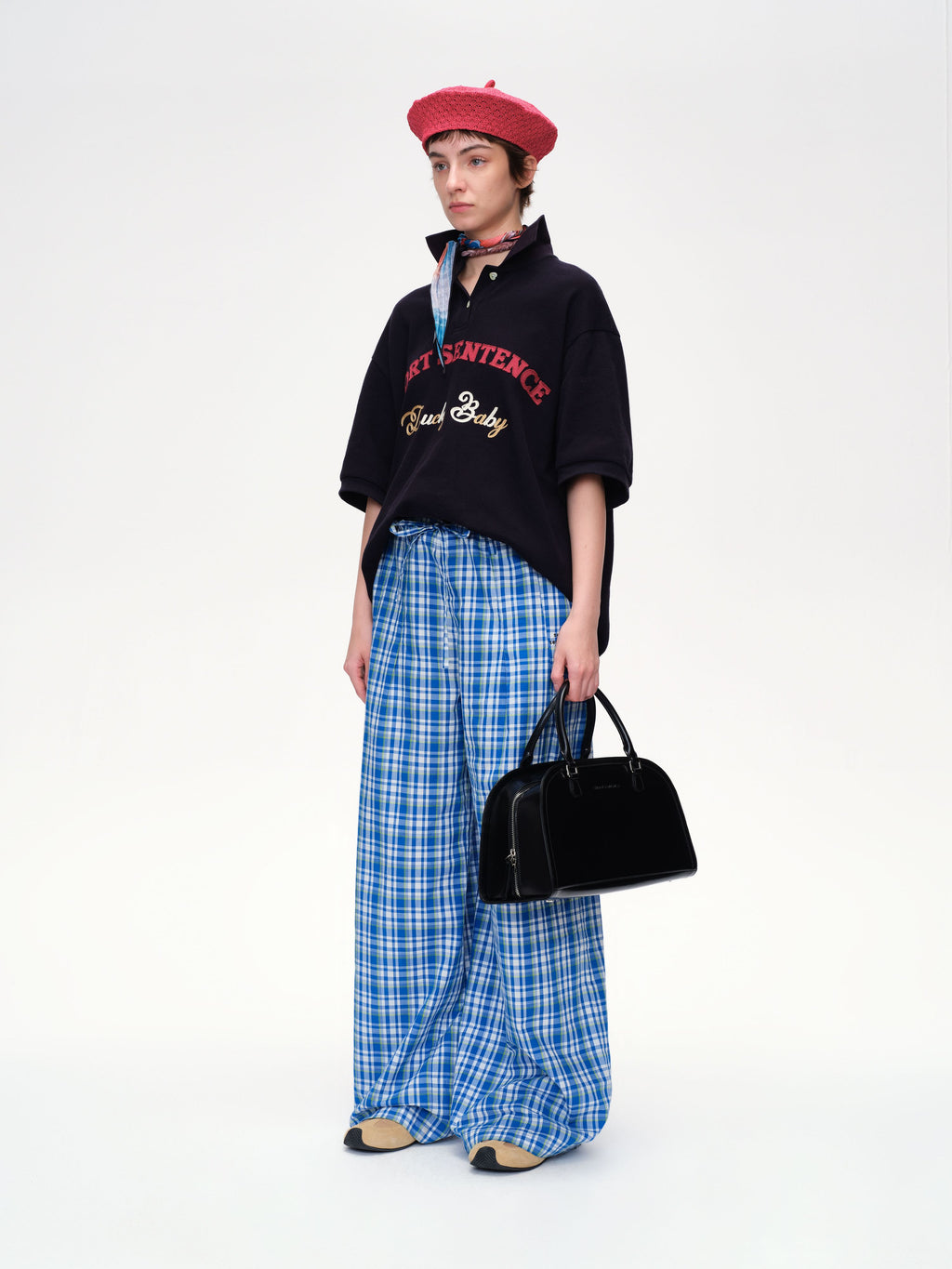 Drawstring Plaid Wide-Leg Trousers - 2