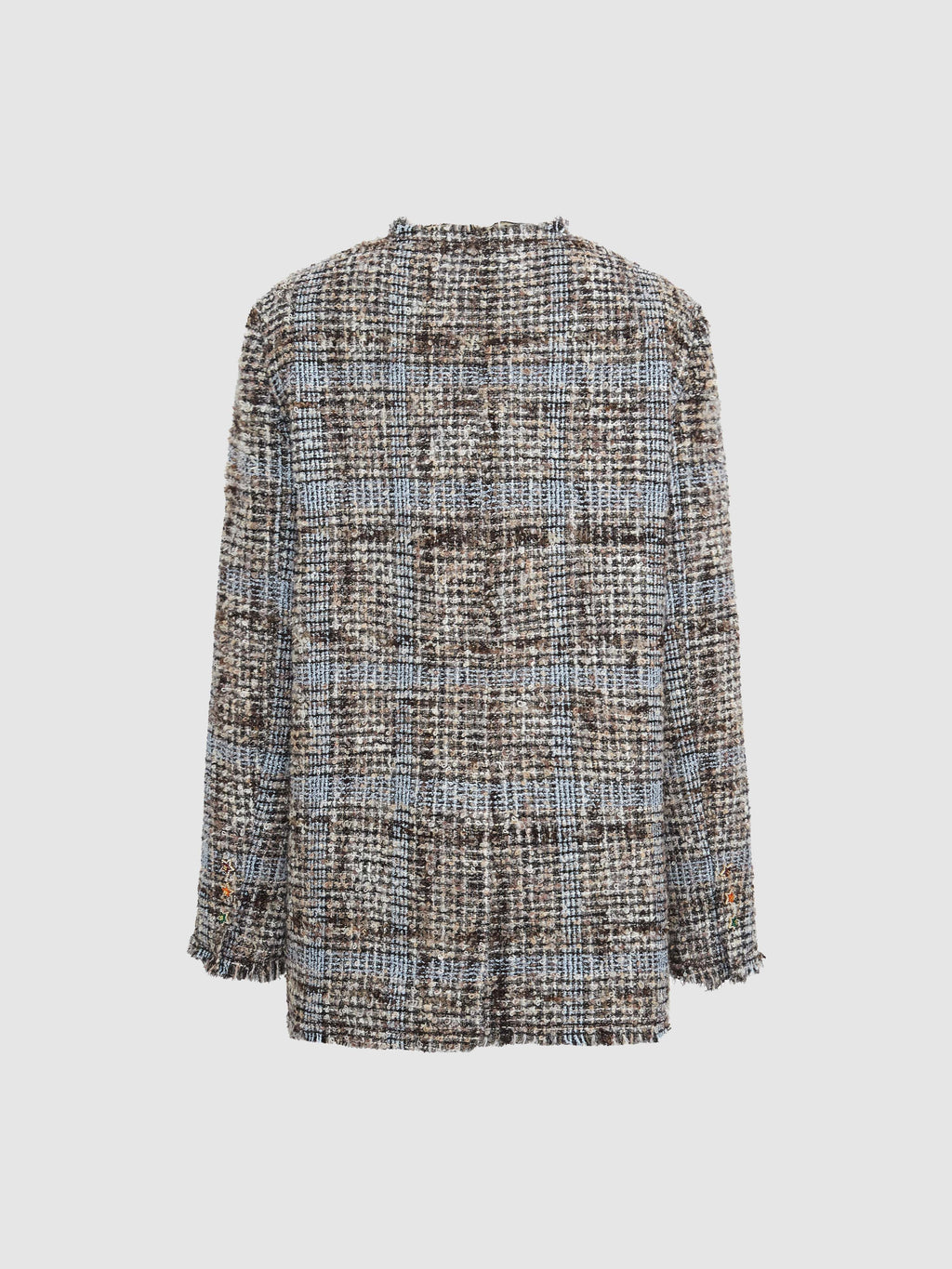 Star Button Check Frayed Mid-length Jacket - 9