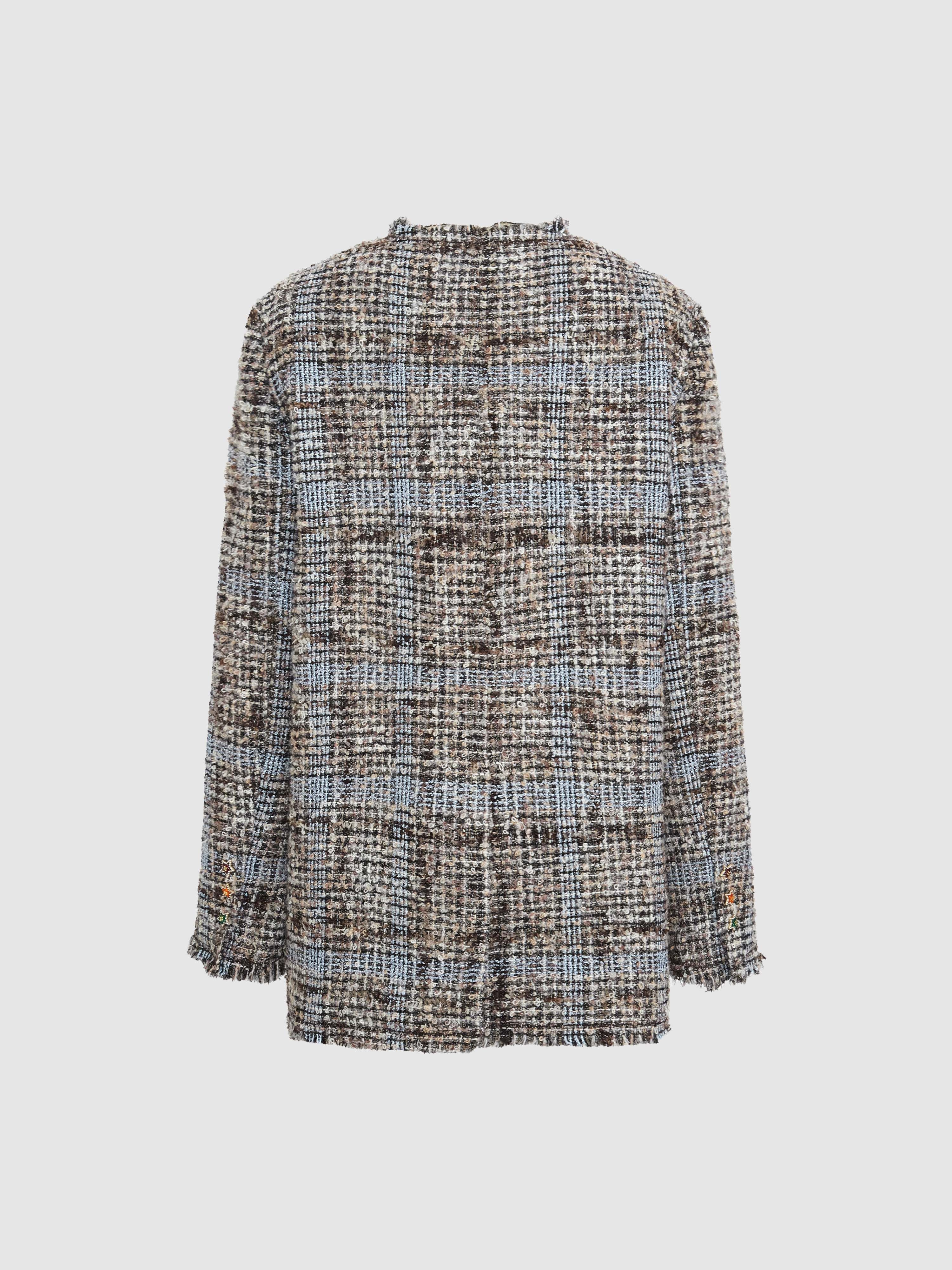 Star Button Check Frayed Mid-length Jacket - 9