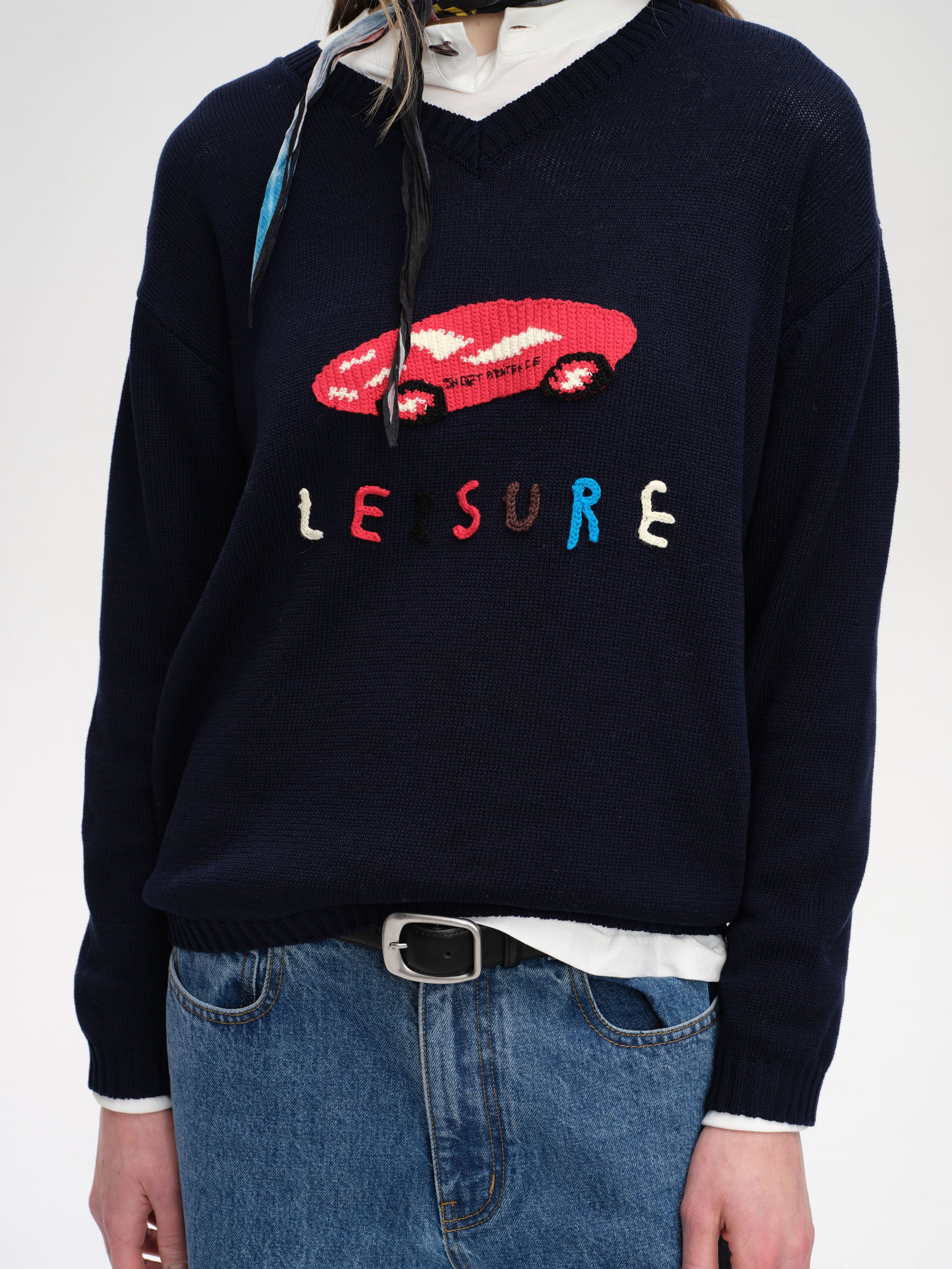 Crochet Car V‑Neck Sweater - 1