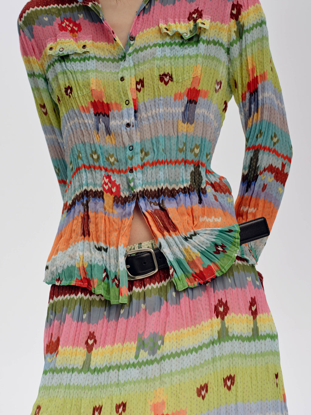 Pleated Chiffon Printed Blouse - 4