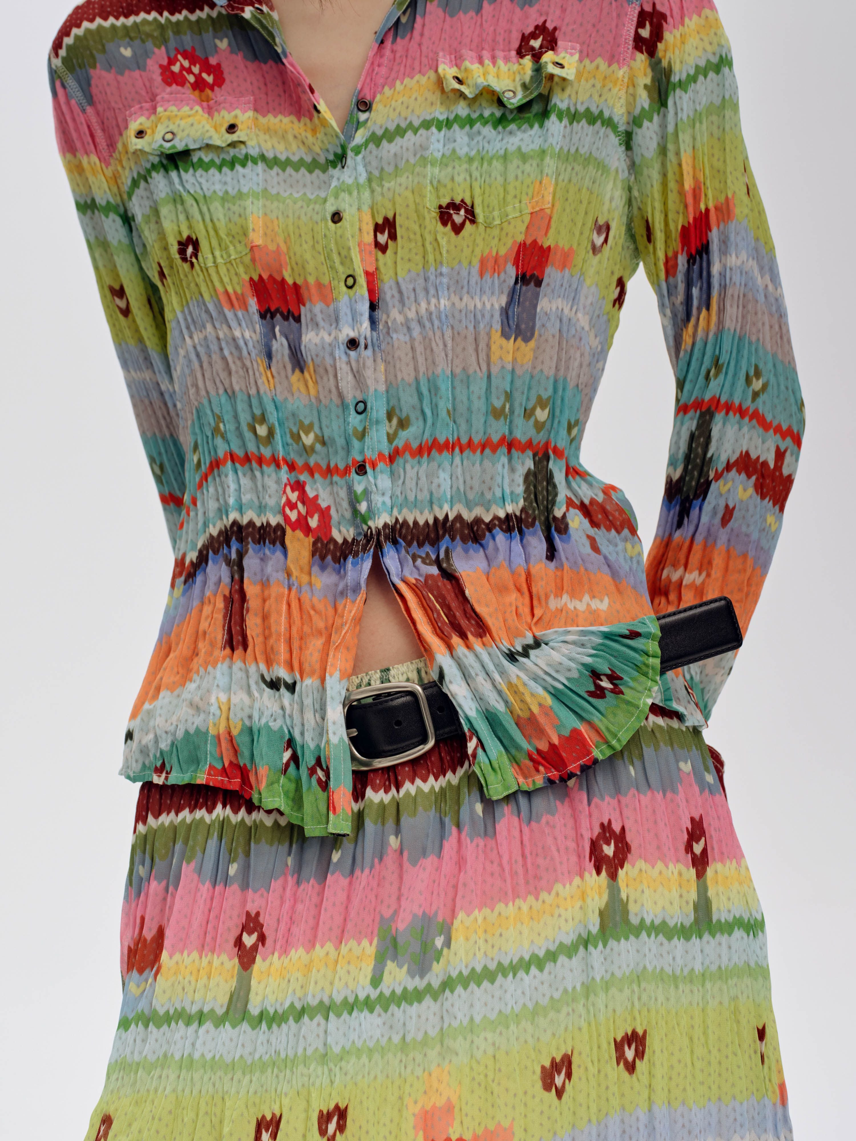 Pleated Chiffon Printed Blouse - 4