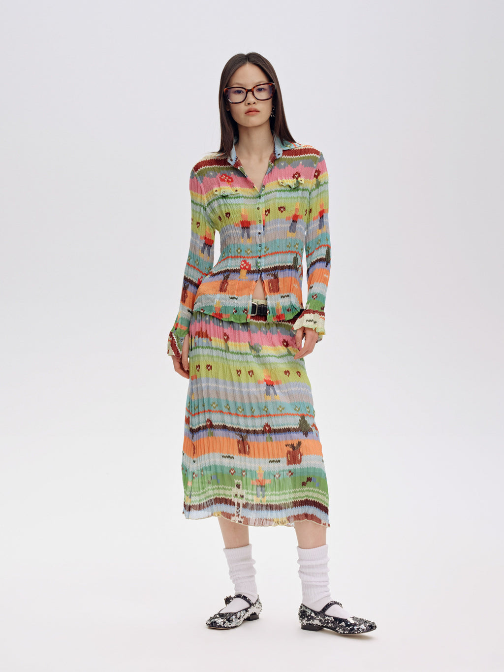 Pleated Chiffon Printed Blouse - 2