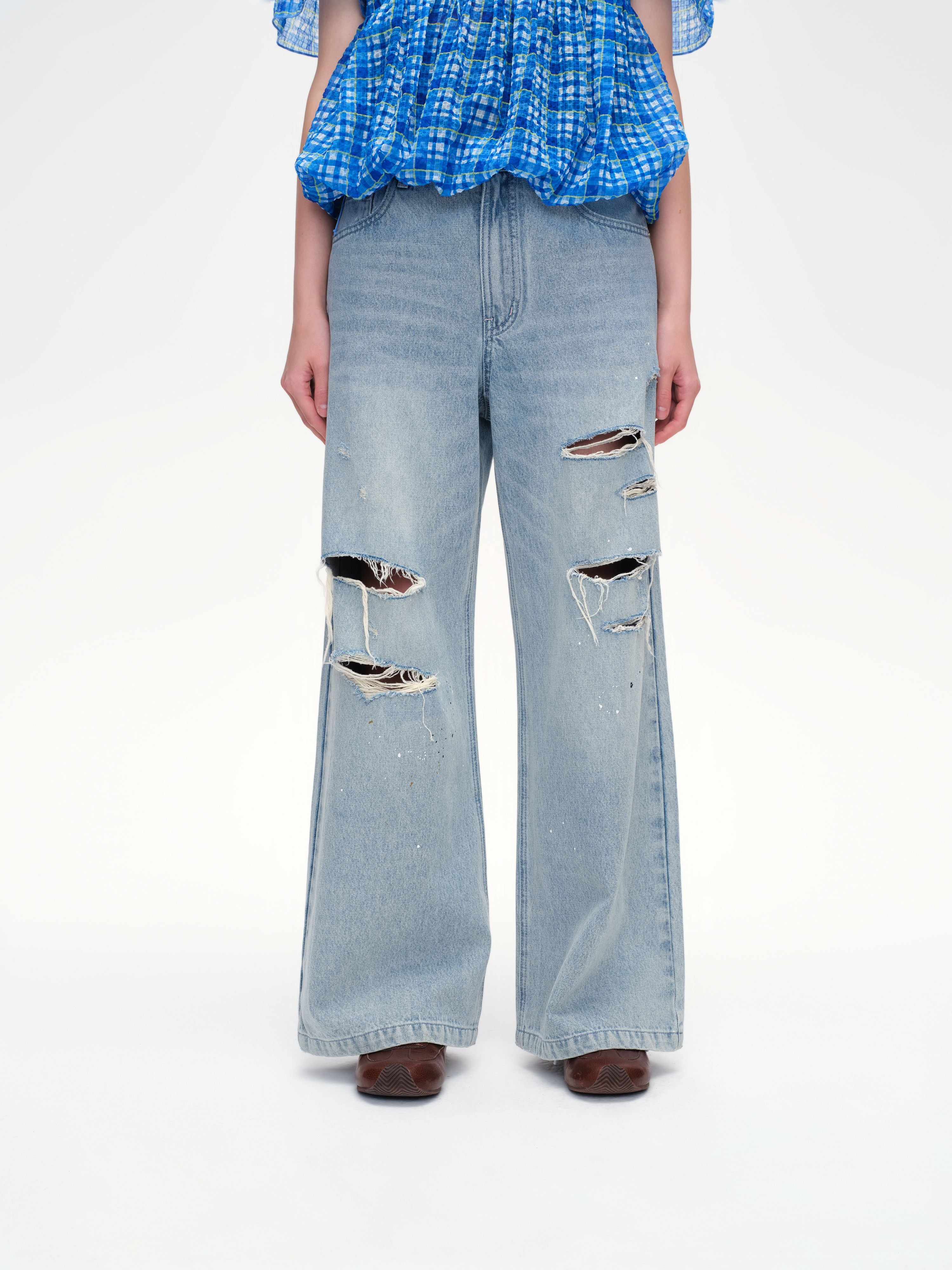 Loose Fit Ripped Paint Splatter Jeans - 1