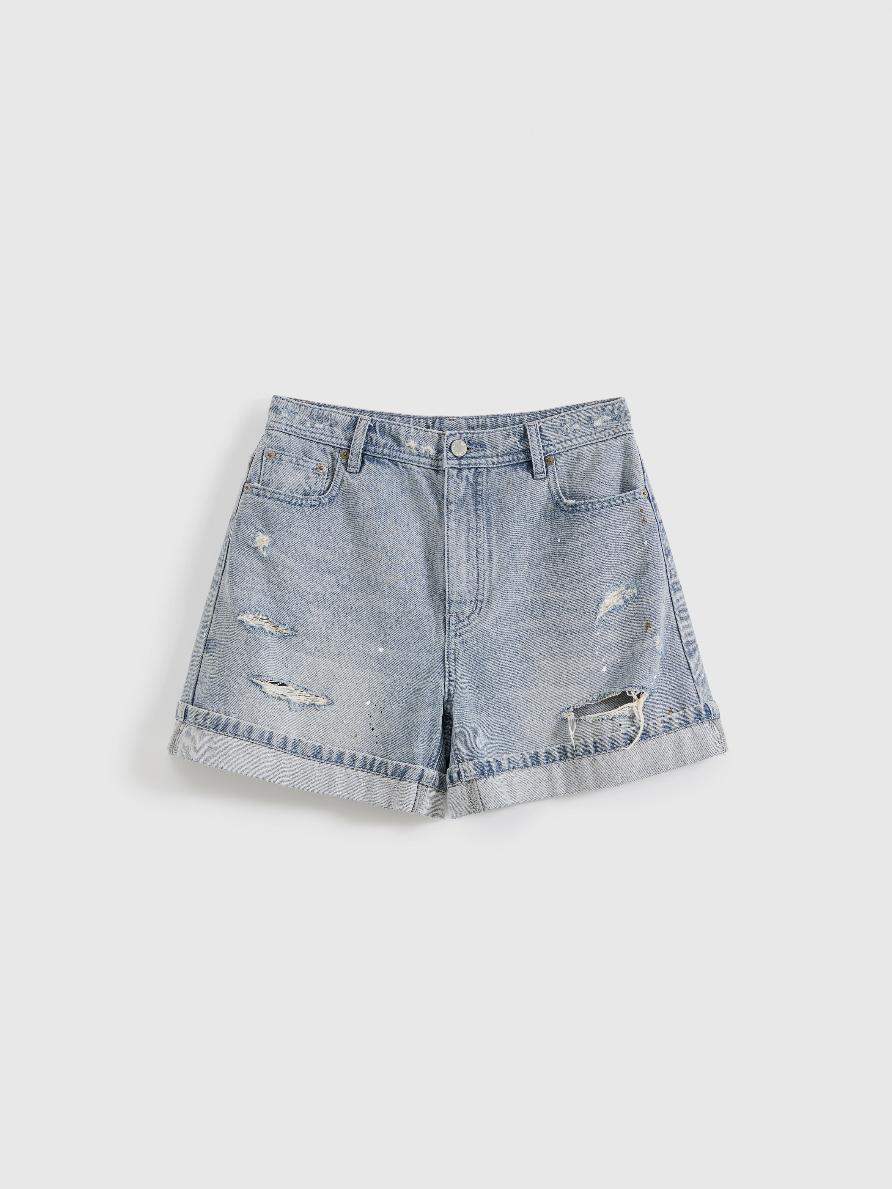 Wide-Leg Ripped Paint Splatter Denim Shorts - 9