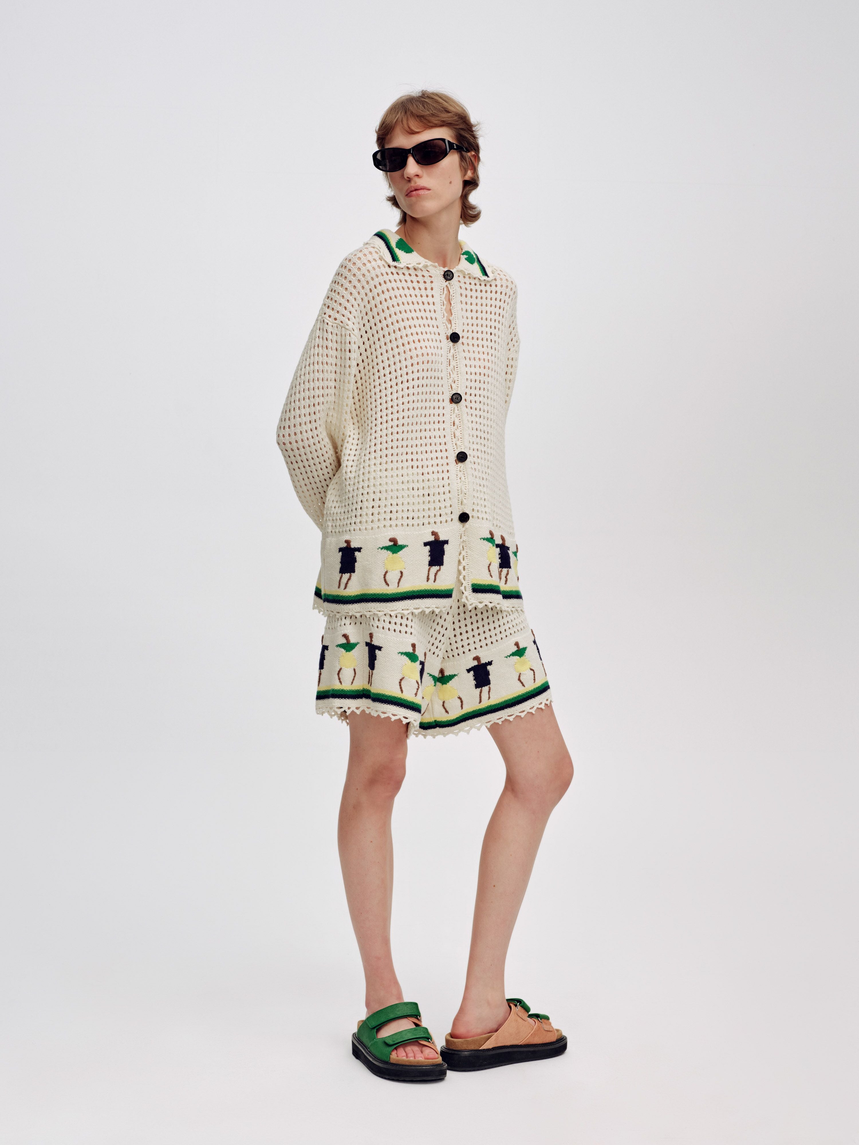 Jacquard Flap Cardigan with Stick Figures - 3