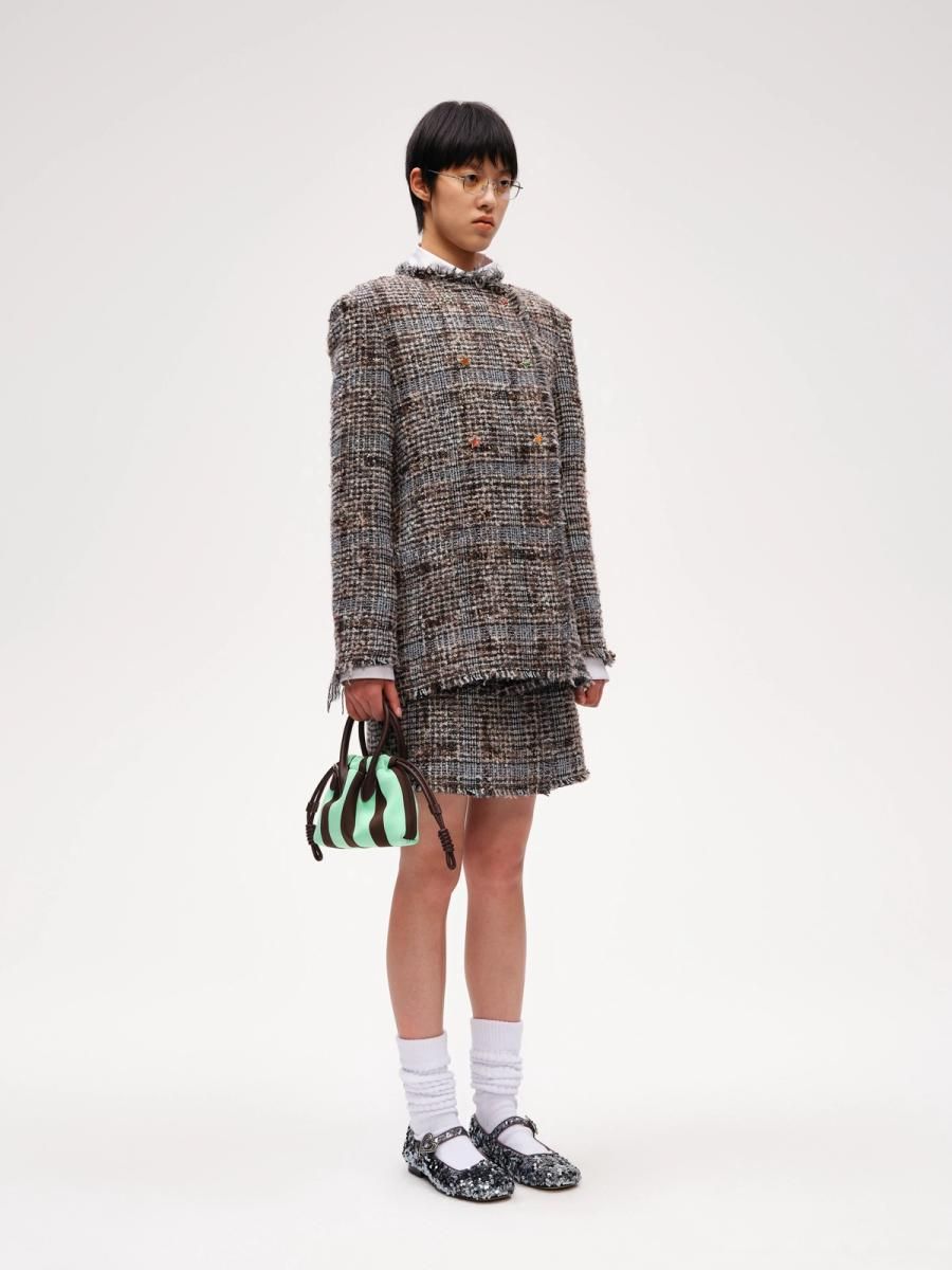 Star Button Check Frayed Mid-length Jacket - 2