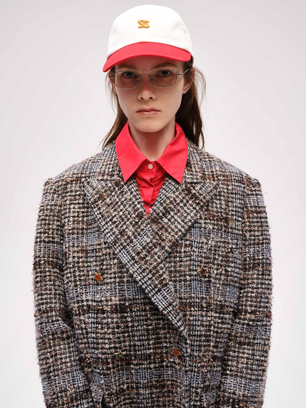 Star Button Check Frayed Long  Coat - 7