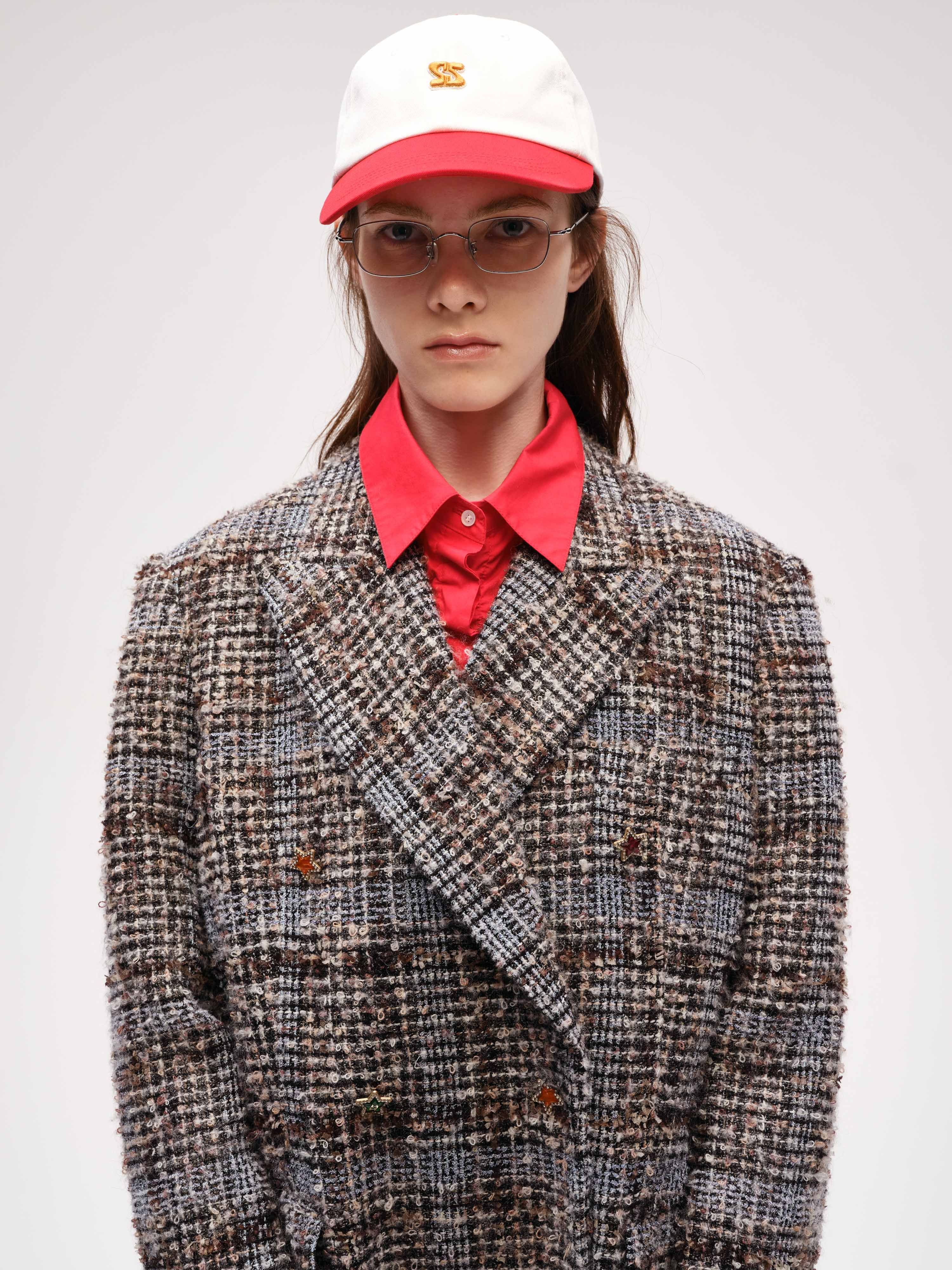 Star Button Check Frayed Long  Coat - 7
