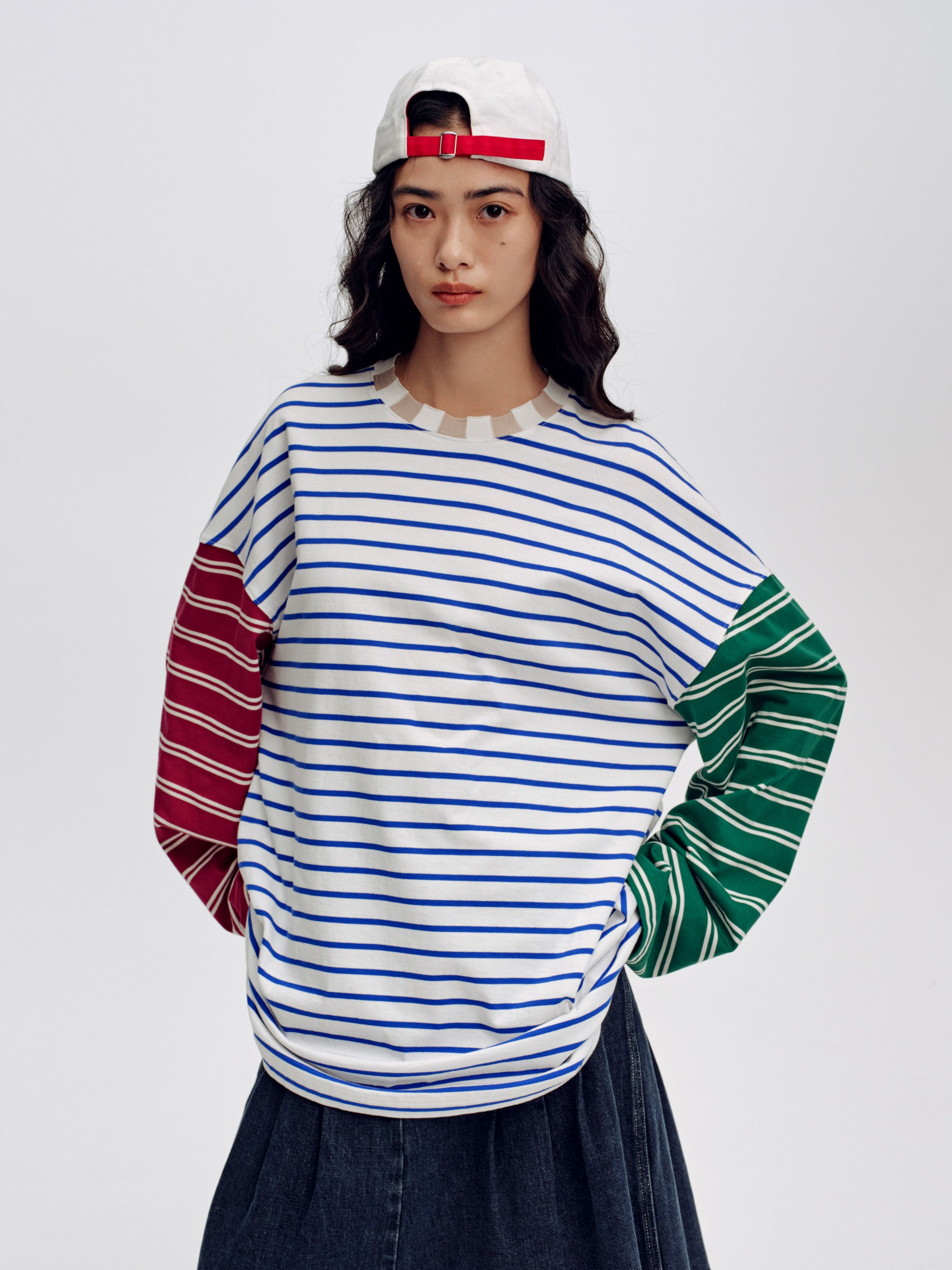 Striped Collar Color Block Long Sleve T-Shirt - 1