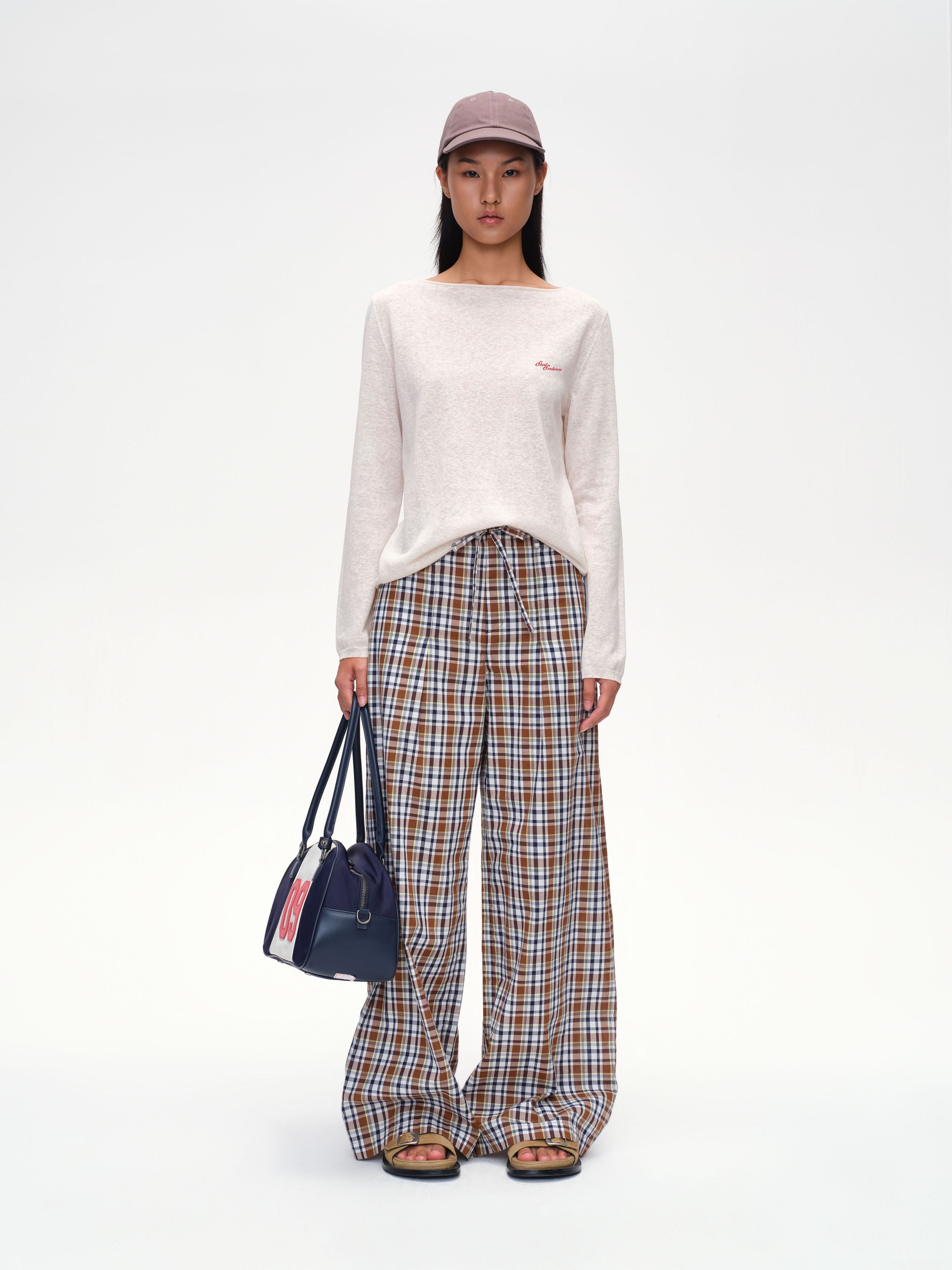 Drawstring Plaid Wide-Leg Trousers - 2