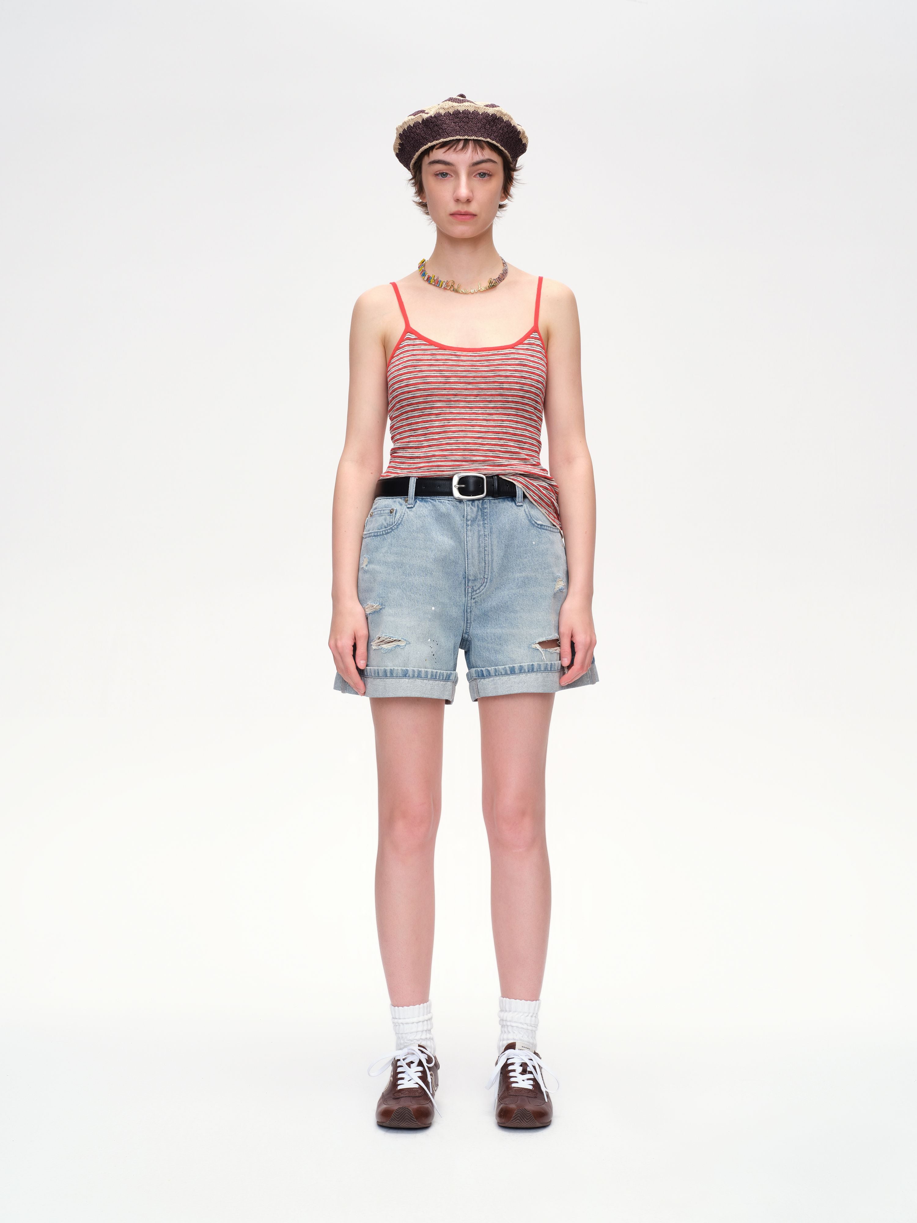 Wide-Leg Ripped Paint Splatter Denim Shorts - 2