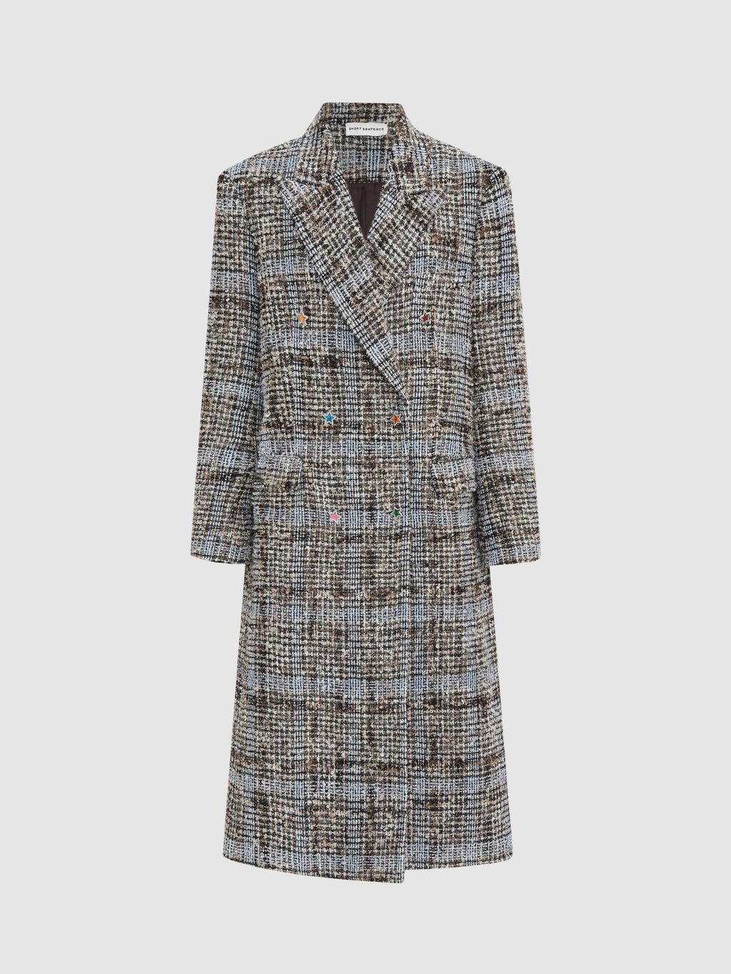 Star Button Check Frayed Long  Coat - 8