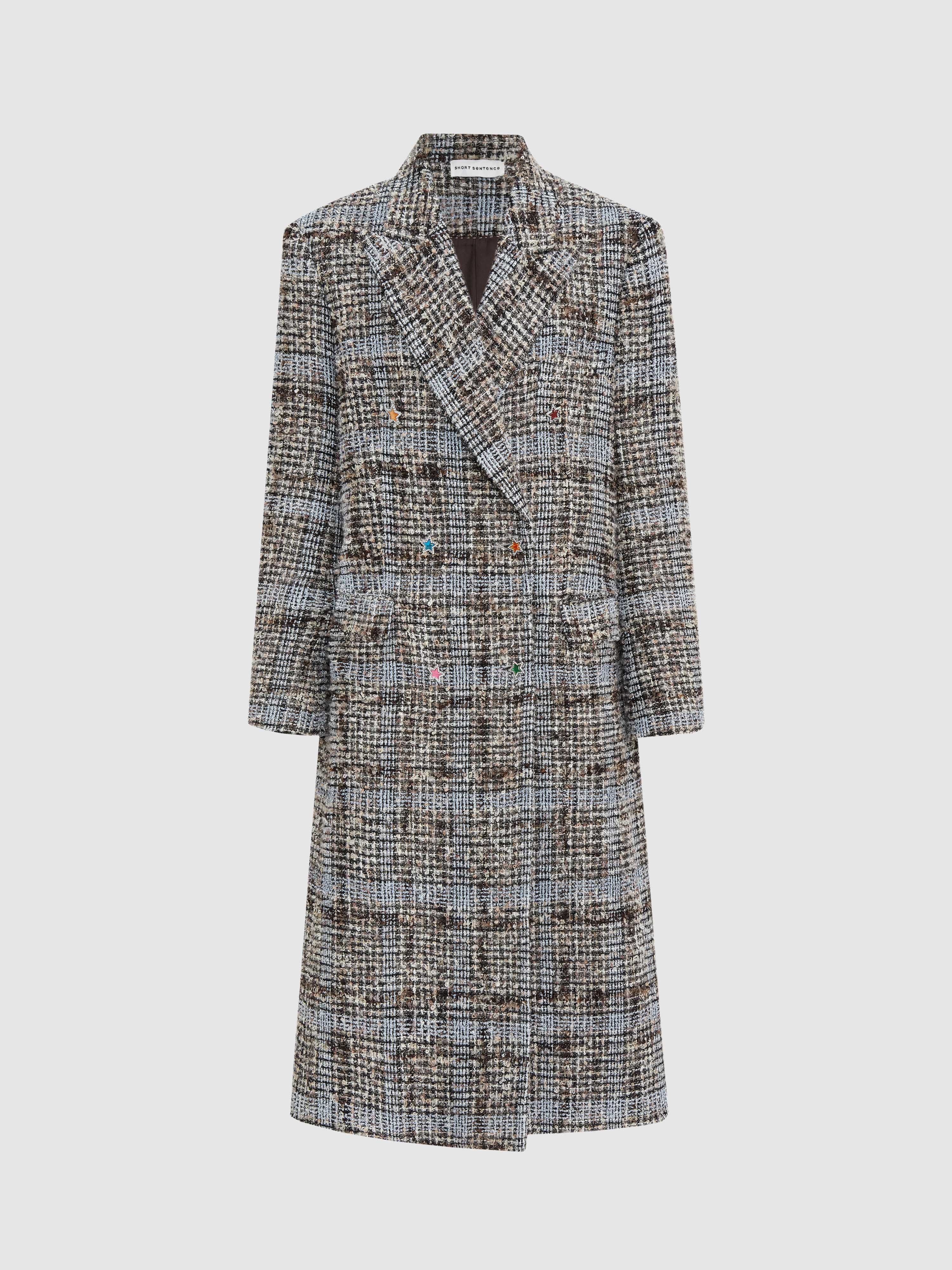 Star Button Check Frayed Long  Coat - 8