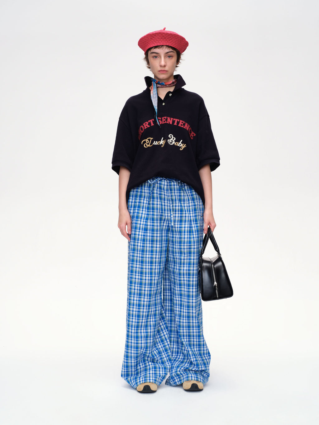 Drawstring Plaid Wide-Leg Trousers - 1