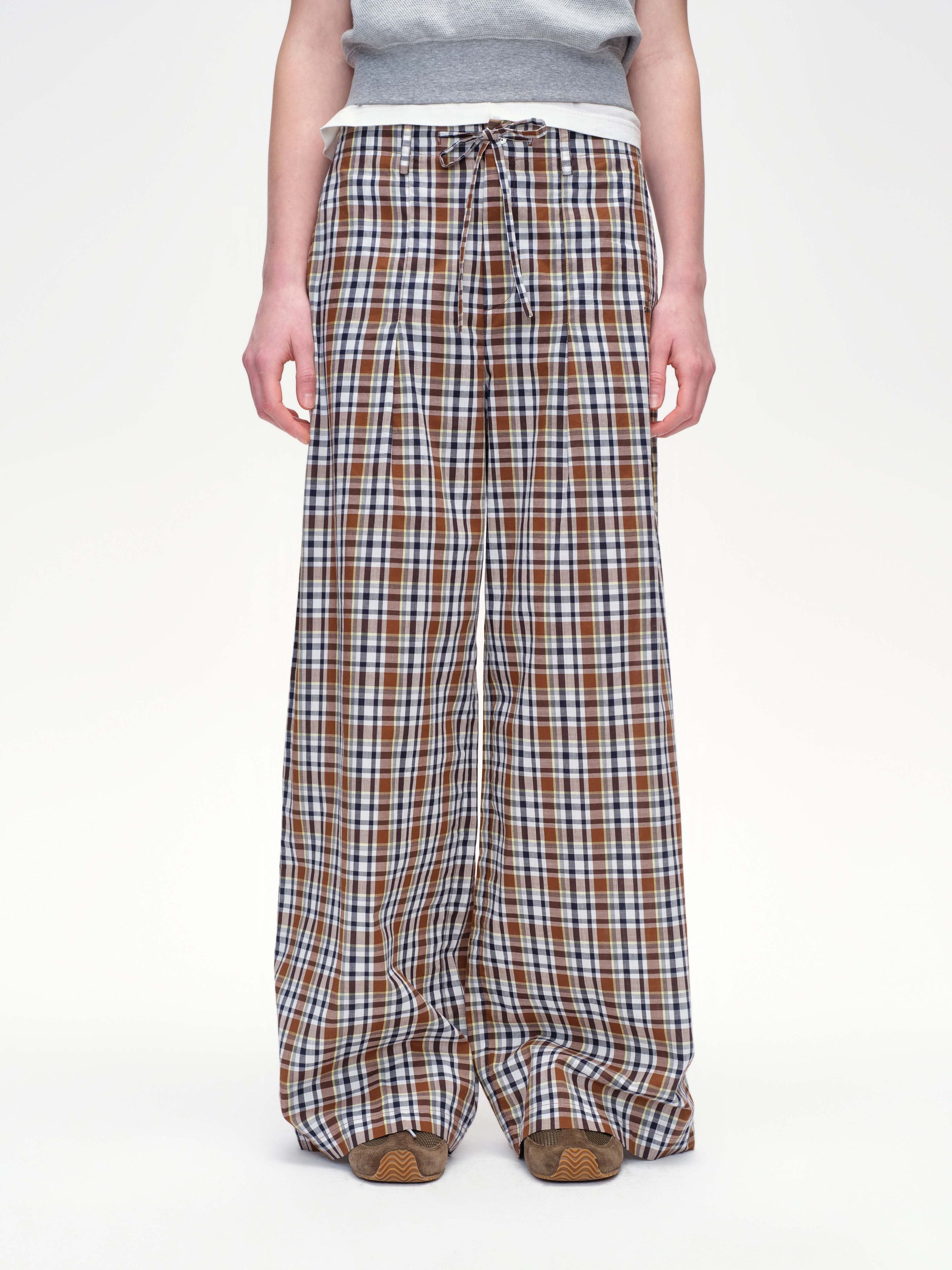 Drawstring Plaid Wide-Leg Trousers - 1