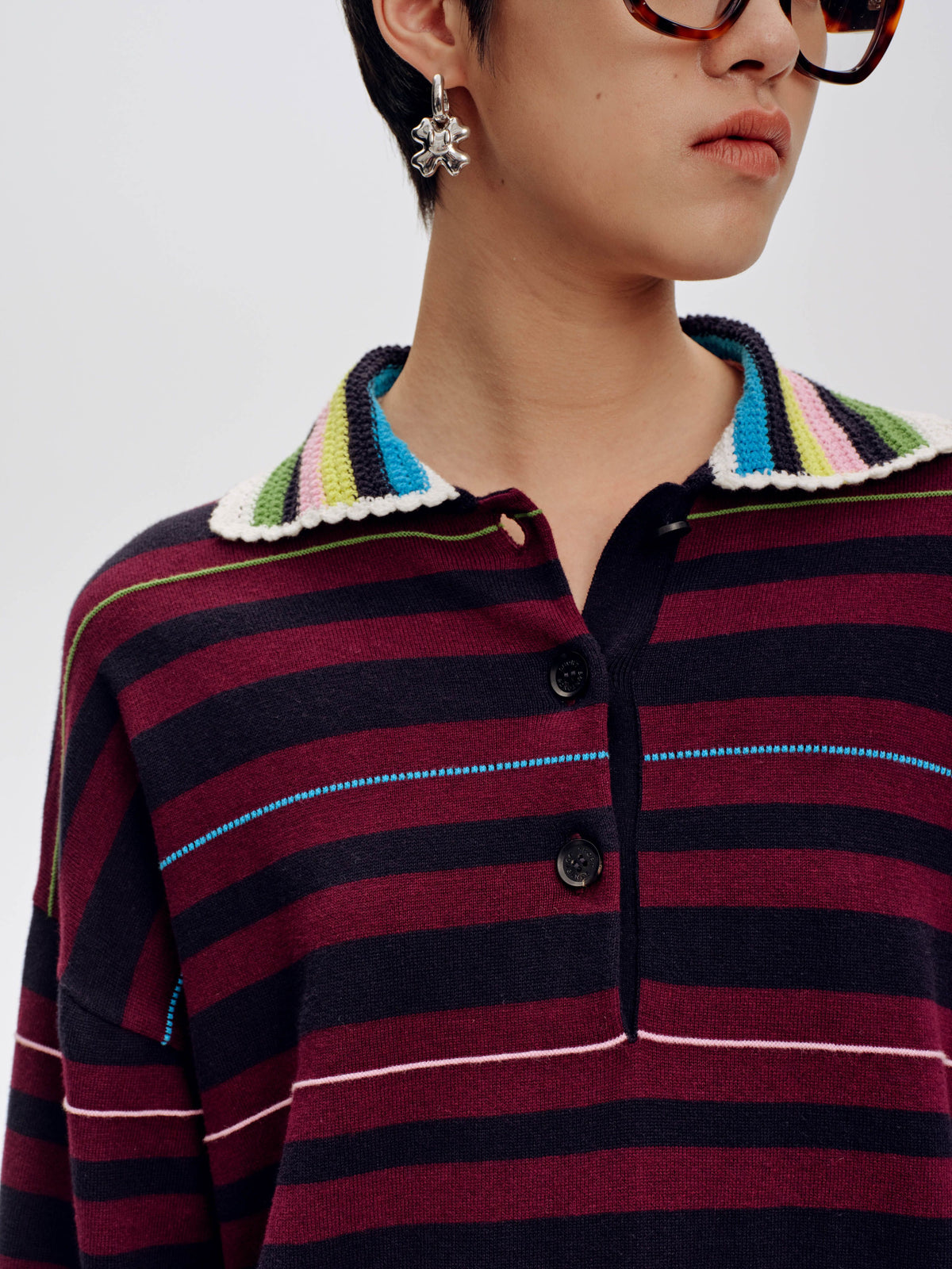 Long Sleeve Striped Polo Sweater - 4