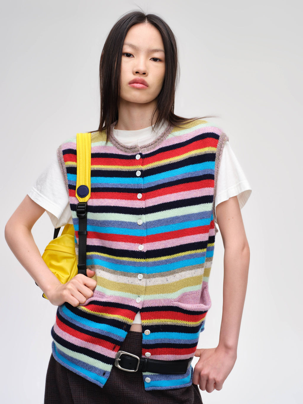 Striped Multi-Button Knit Vest - 1