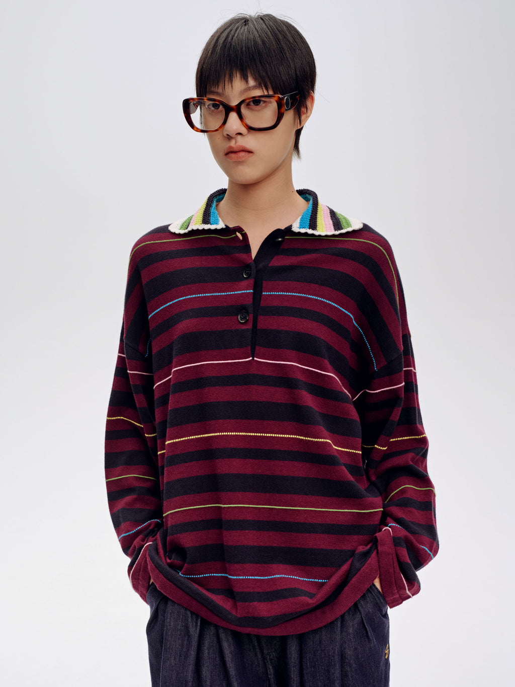 Long Sleeve Striped Polo Sweater - 1