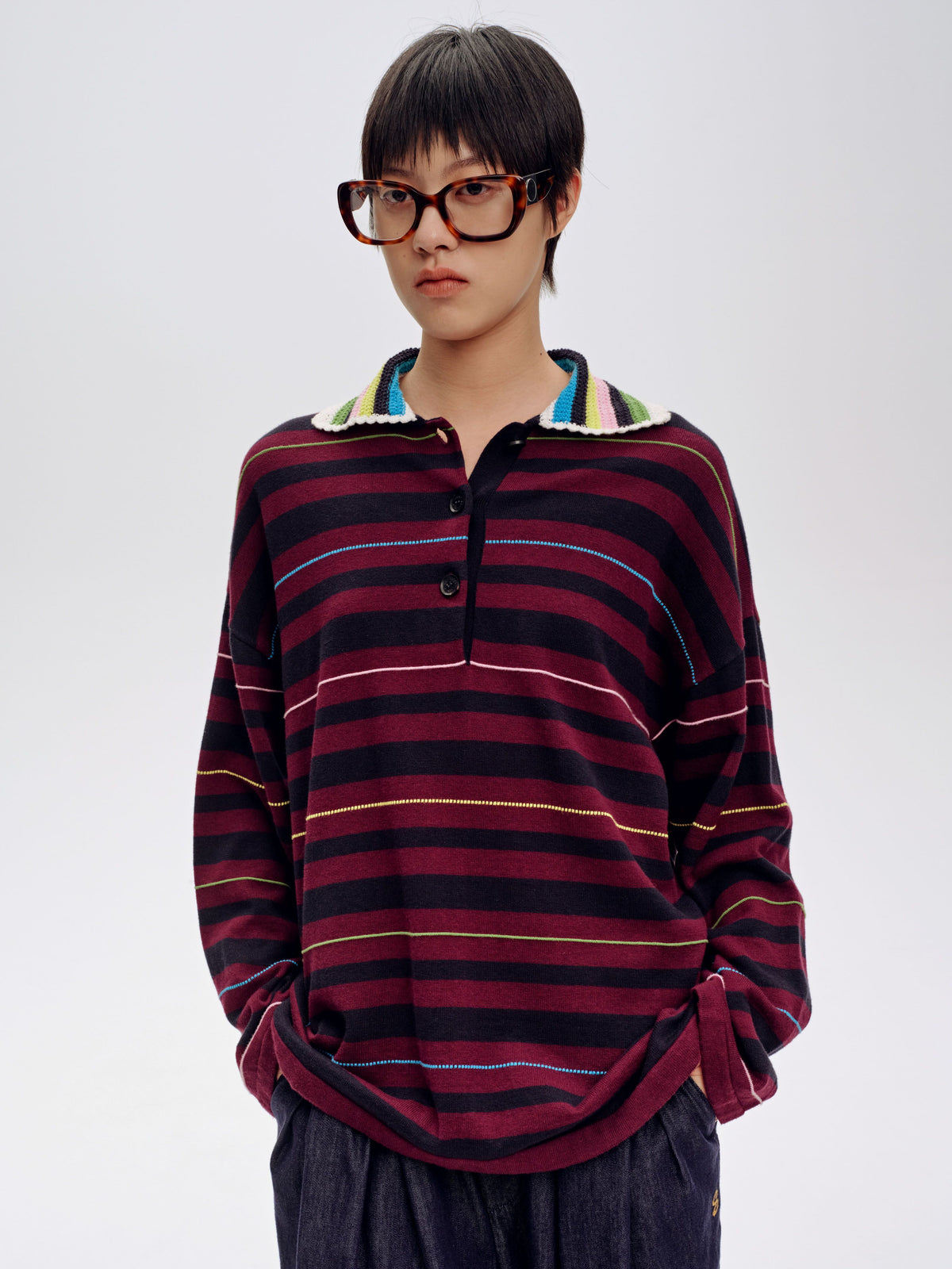 Long Sleeve Striped Polo Sweater - 1