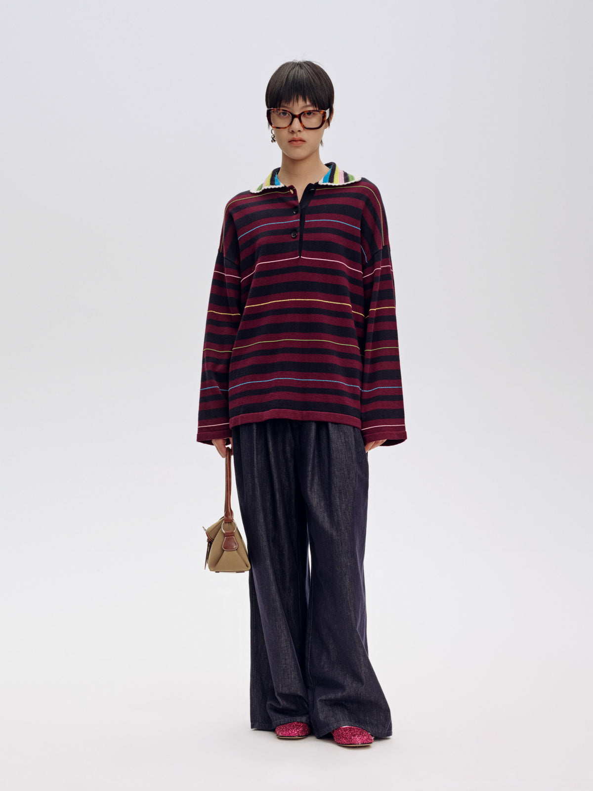 Long Sleeve Striped Polo Sweater - 2