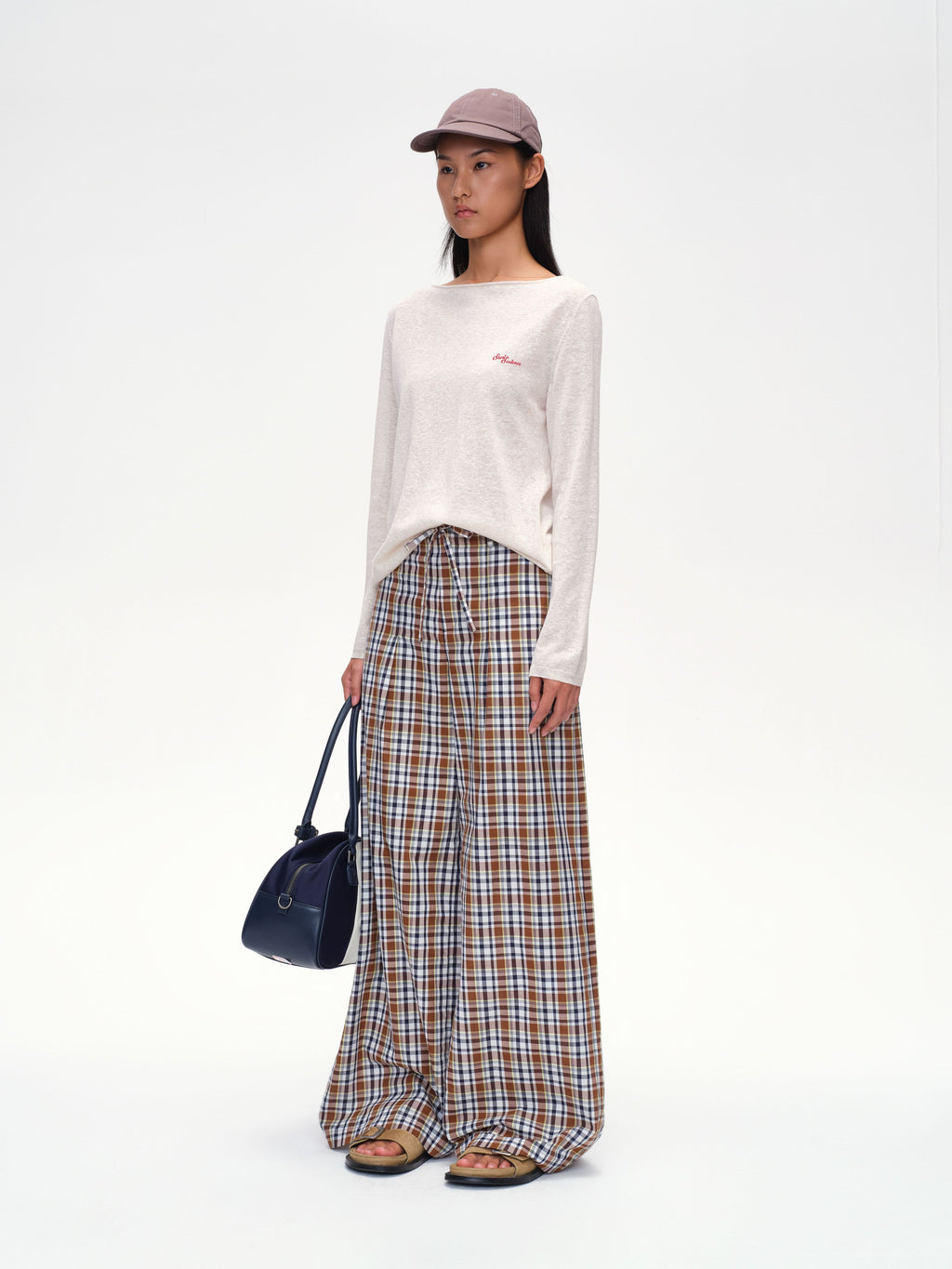 Drawstring Plaid Wide-Leg Trousers - 3