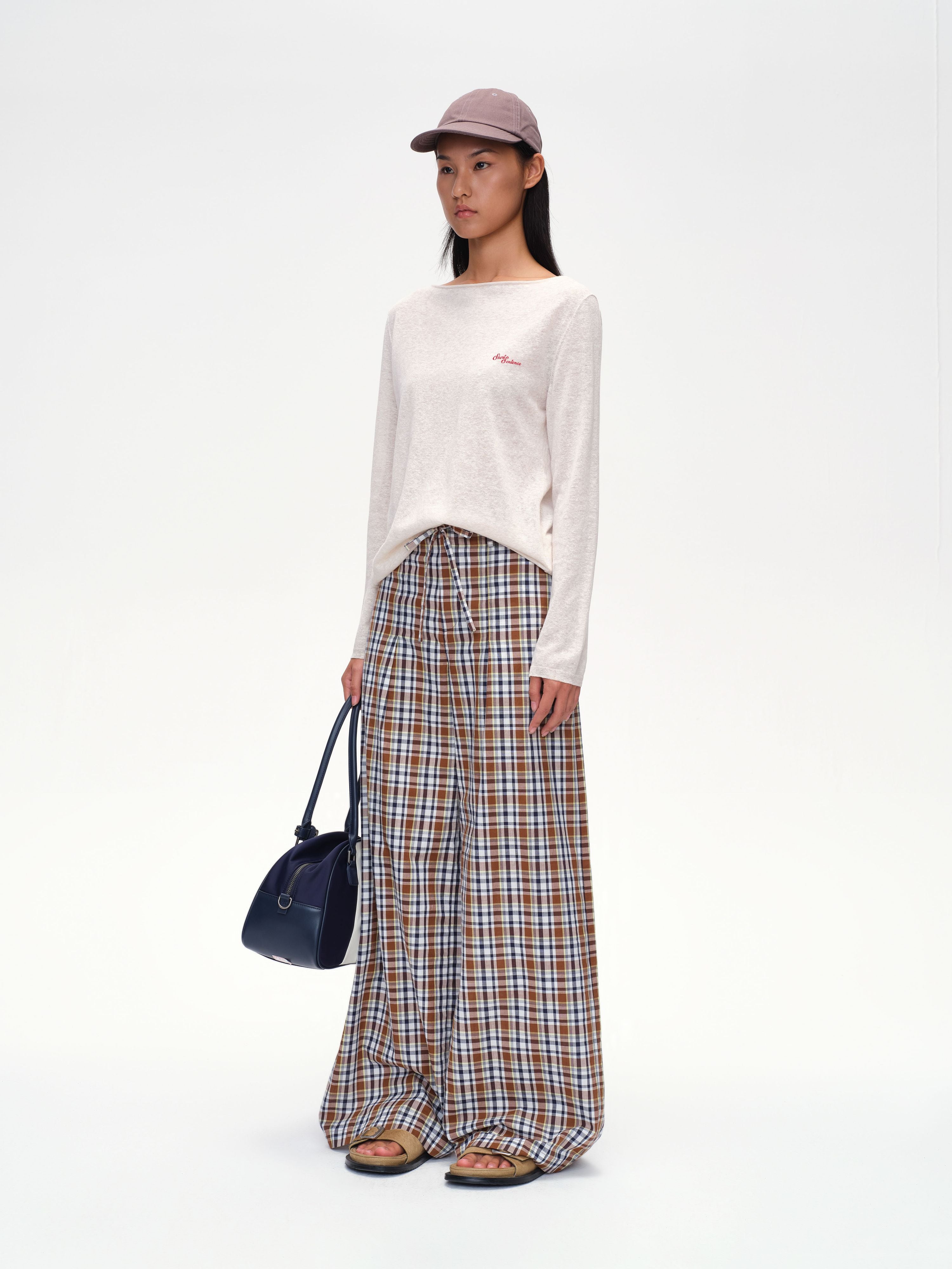 Drawstring Plaid Wide-Leg Trousers - 3