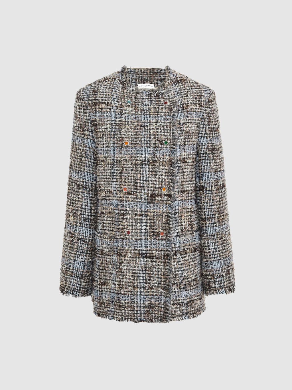 Star Button Check Frayed Mid-length Jacket - 8