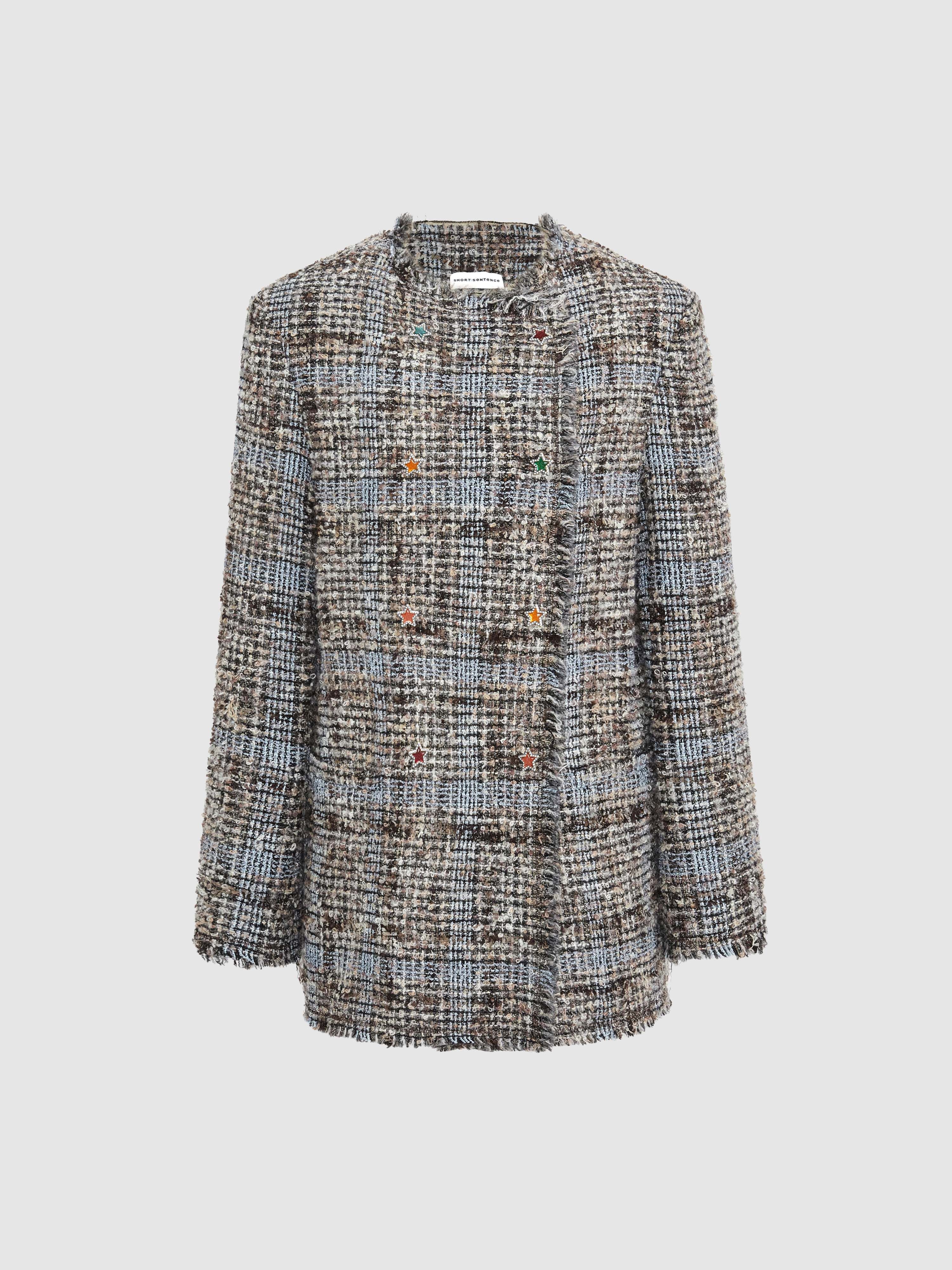 Star Button Check Frayed Mid-length Jacket - 8