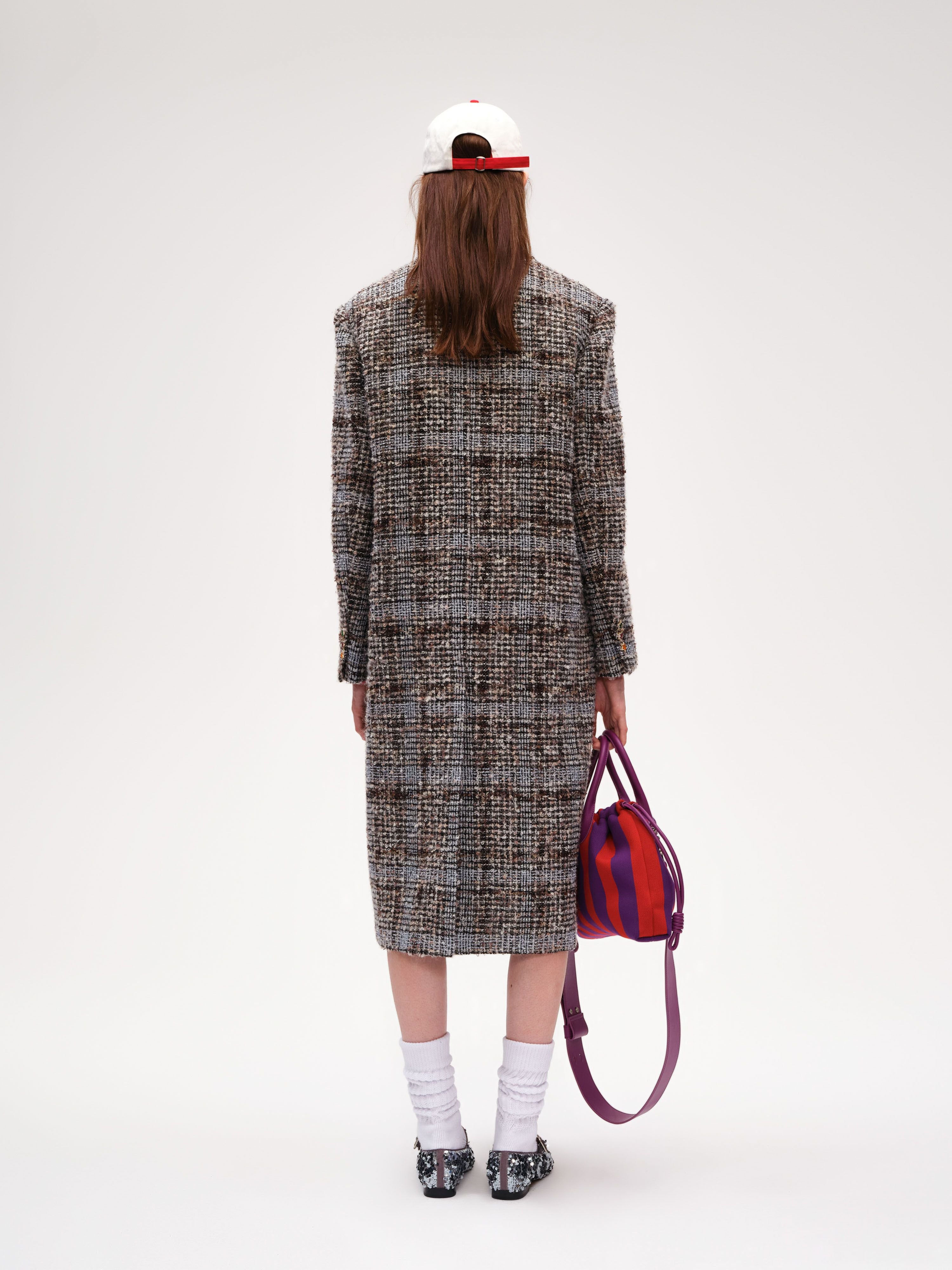 Star Button Check Frayed Long  Coat - 3