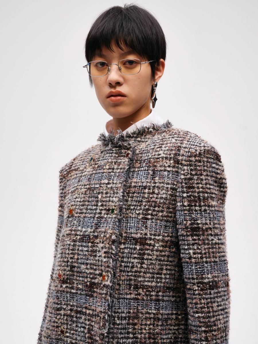 Star Button Check Frayed Mid-length Jacket - 7