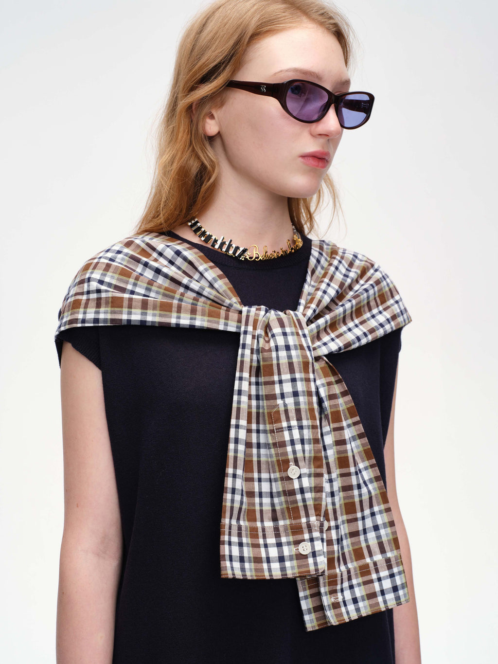 Shawl Collar Sleeveless Knit Dress - 1