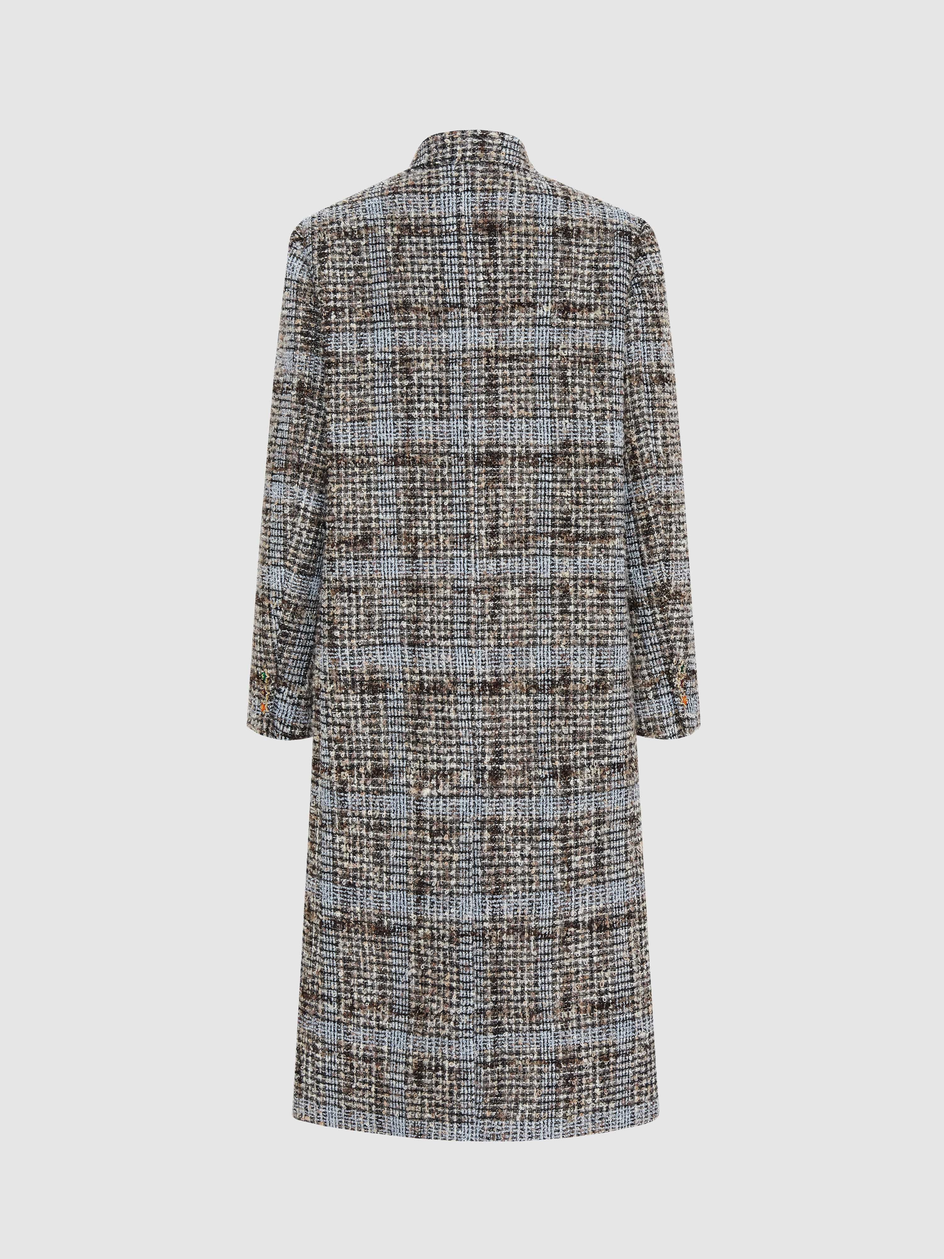 Star Button Check Frayed Long  Coat - 9