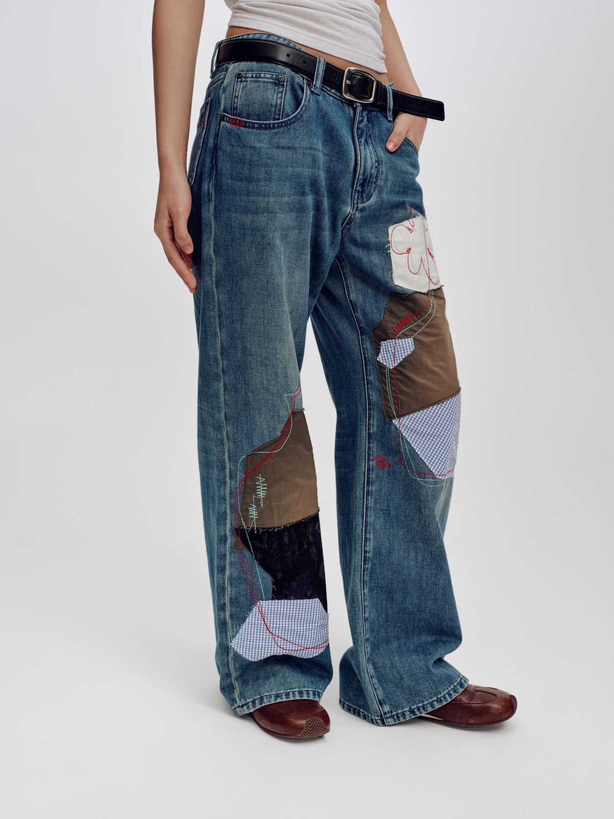 Patchwork Embroidered Straight-Leg Jeans - 1