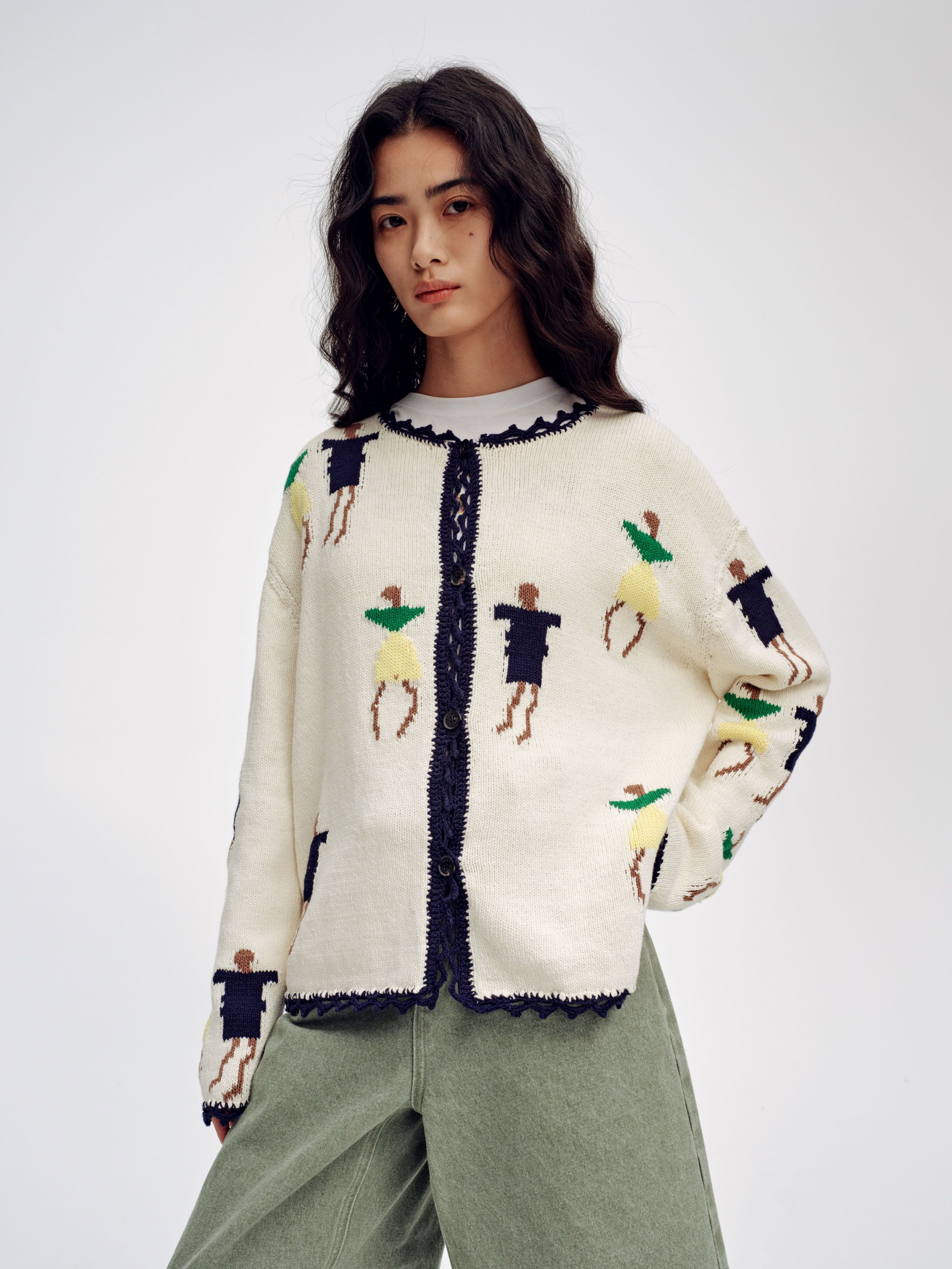 Loose Jacquard Crew Neck Cardigan - 1