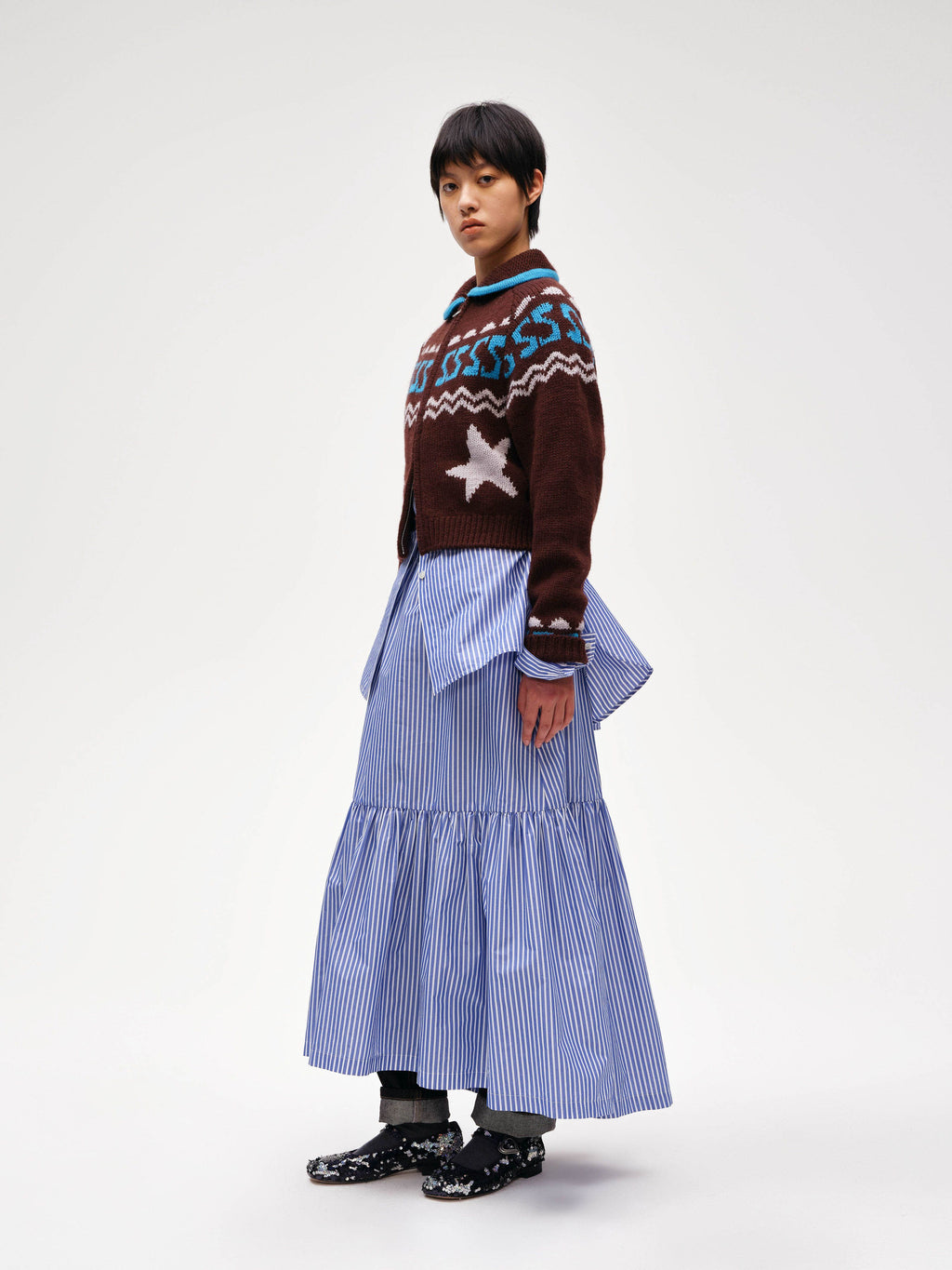 Layered Gathered Striped Midi Skirt - 1