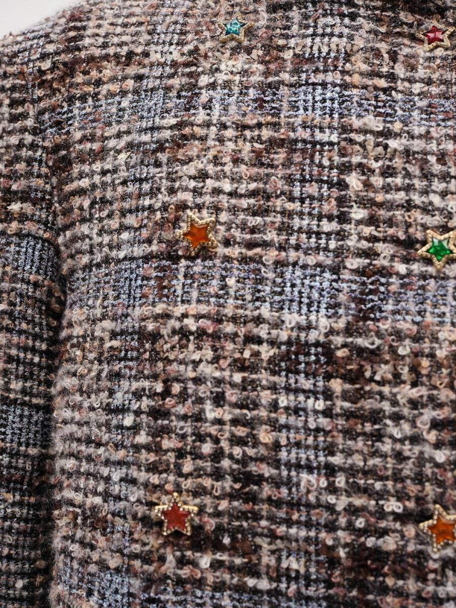 Star Button Check Frayed Mid-length Jacket - 4